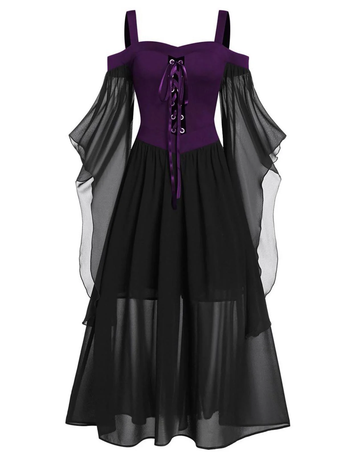[Plus Size] 1950s Suspender Contrast Color Chiffon Strap Dress - Image 8