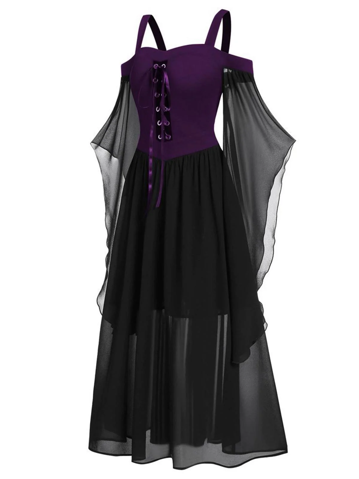 [Plus Size] 1950s Suspender Contrast Color Chiffon Strap Dress - Image 9