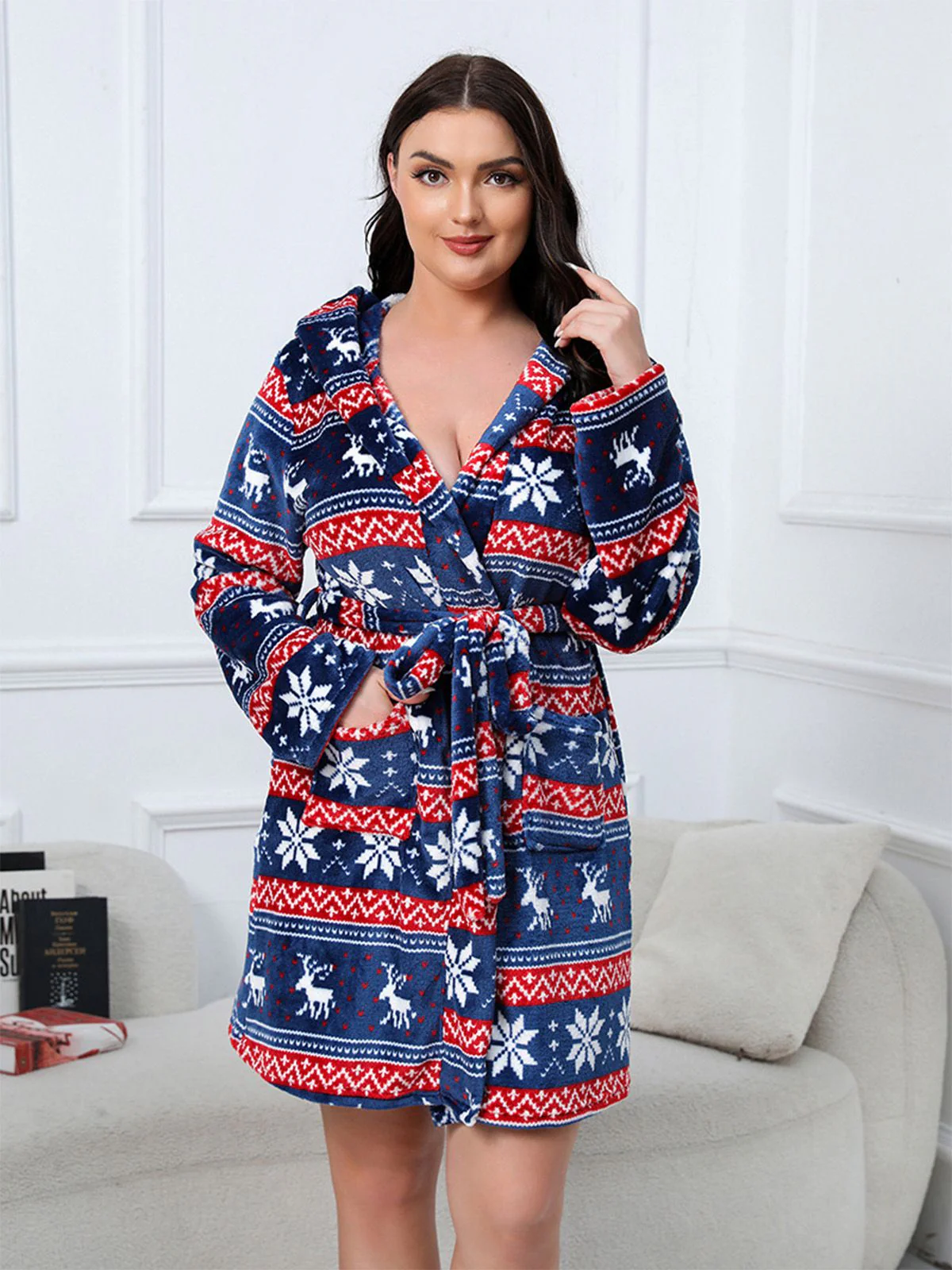[Plus Size] 1950s Winter Print Plush Hooded Robe - Image 11