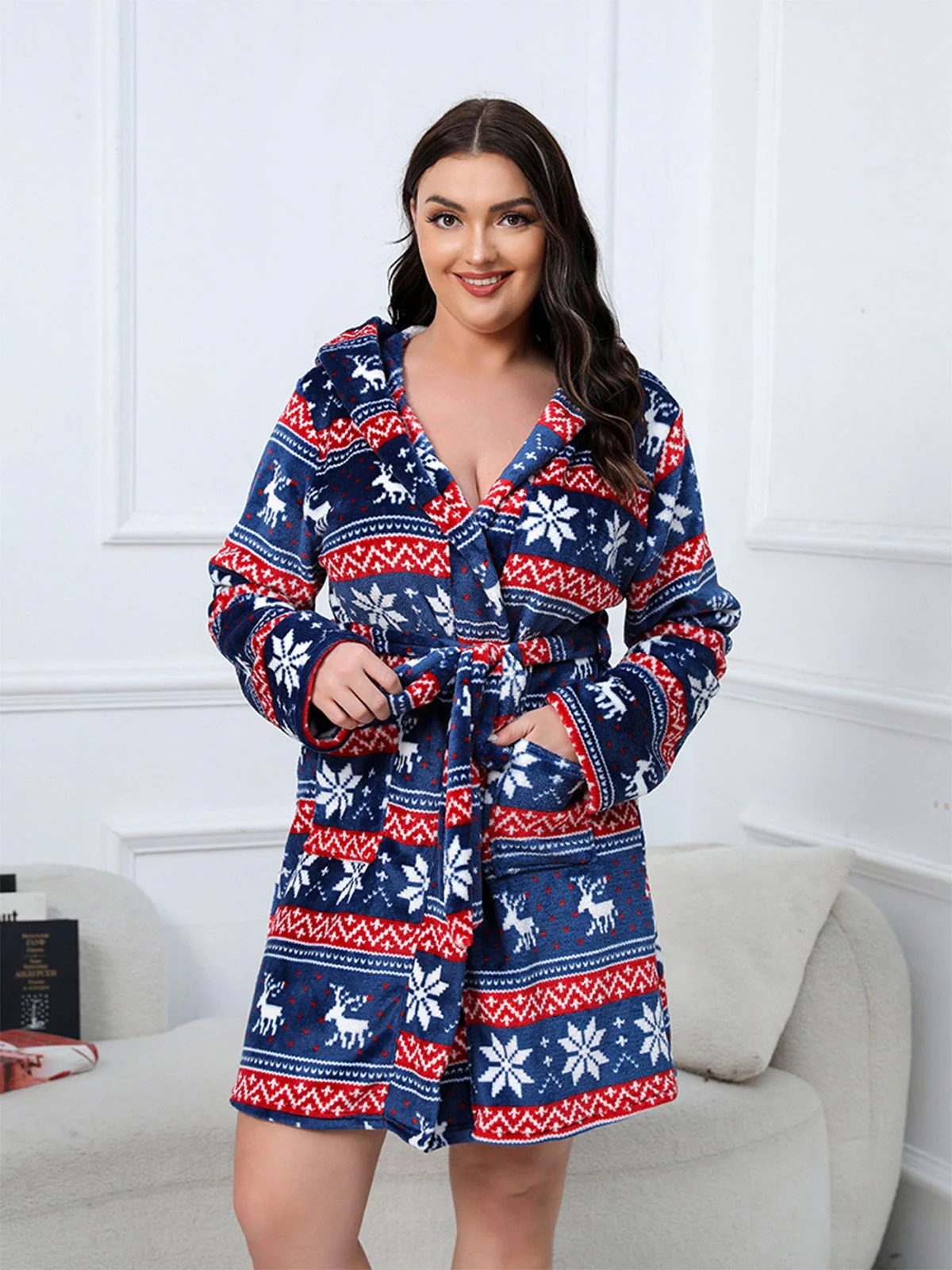 [Plus Size] 1950s Winter Print Plush Hooded Robe - Image 12