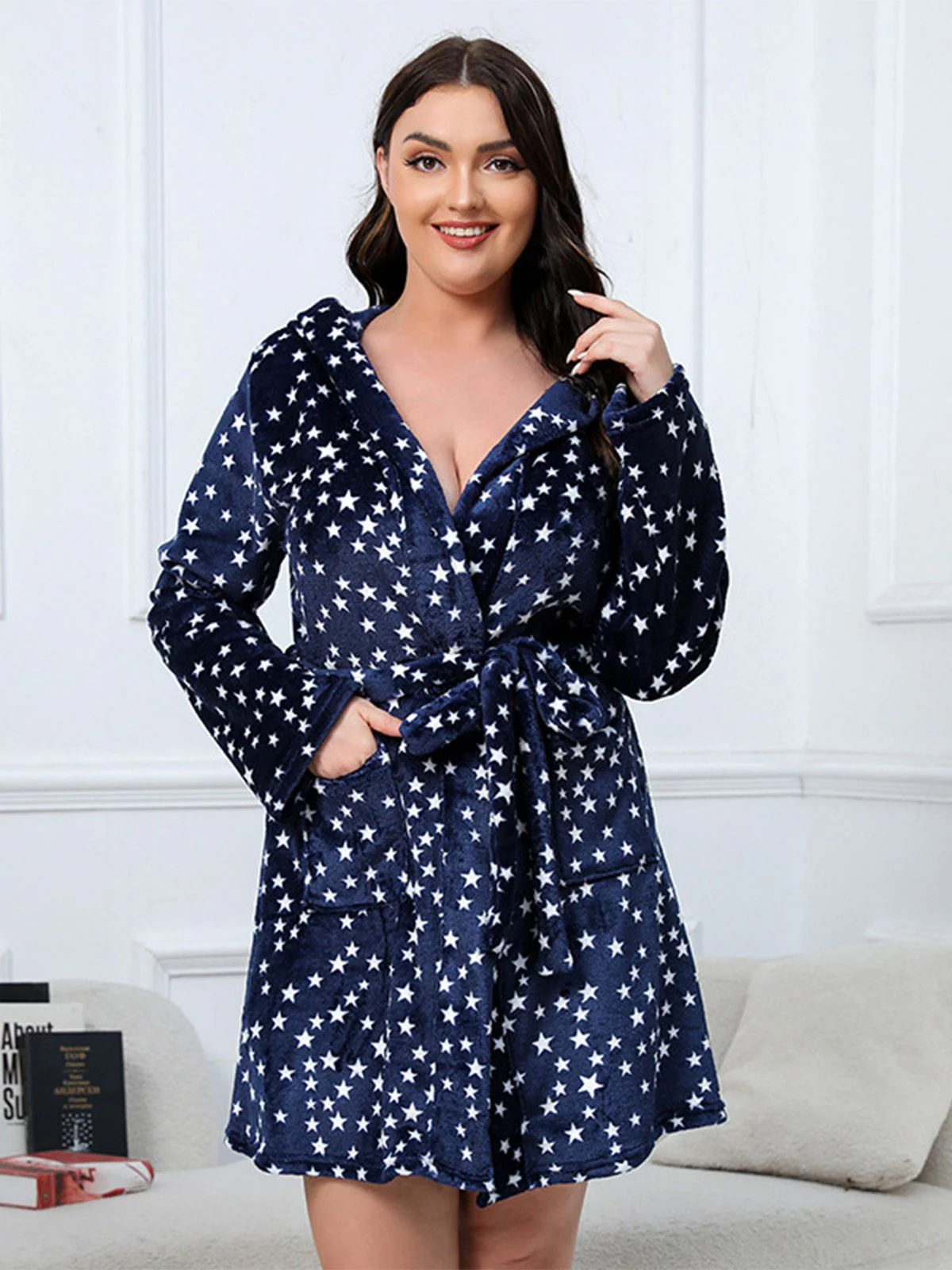 [Plus Size] 1950s Winter Print Plush Hooded Robe - Image 14