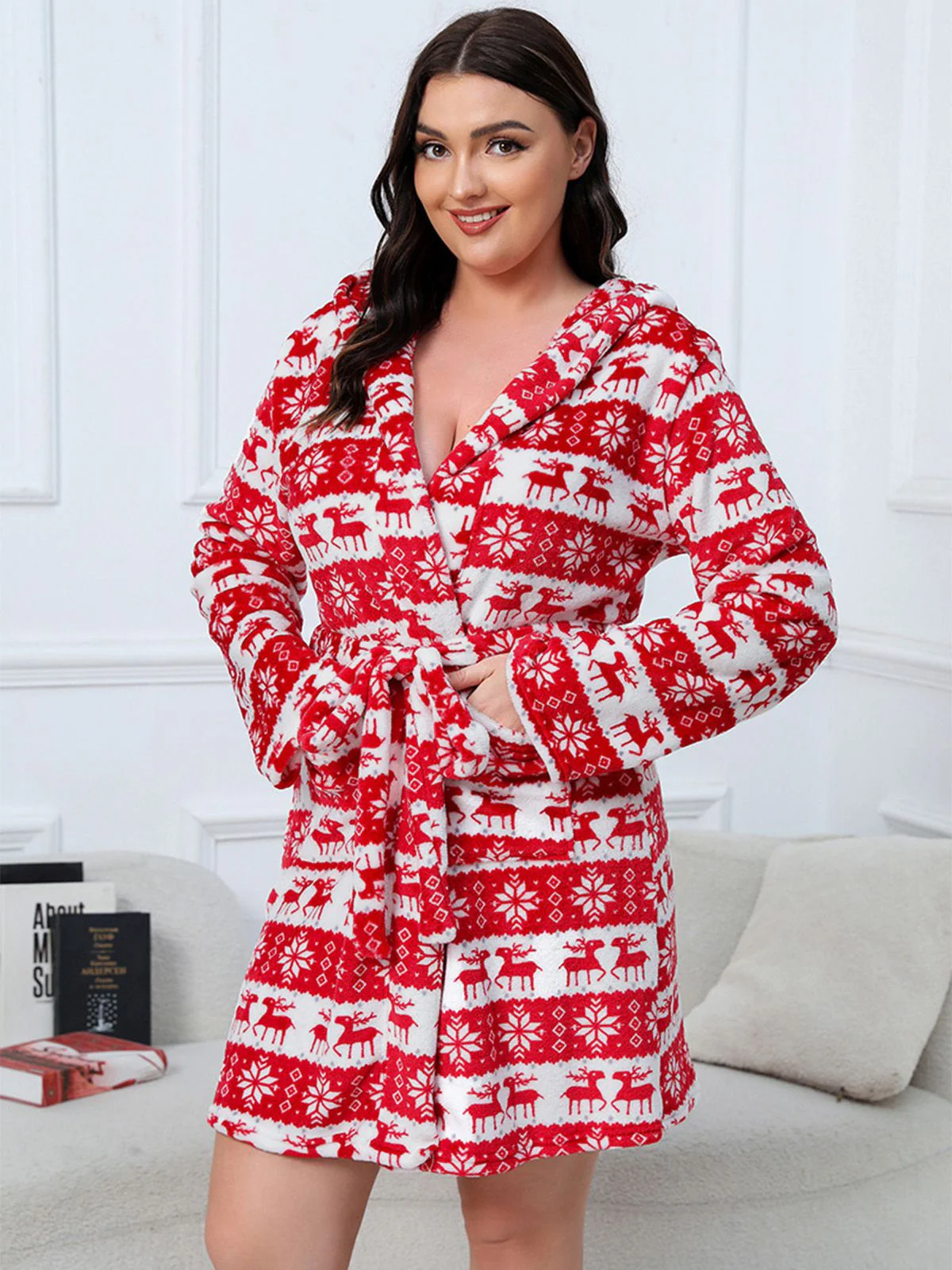 [Plus Size] 1950s Winter Print Plush Hooded Robe - Image 3