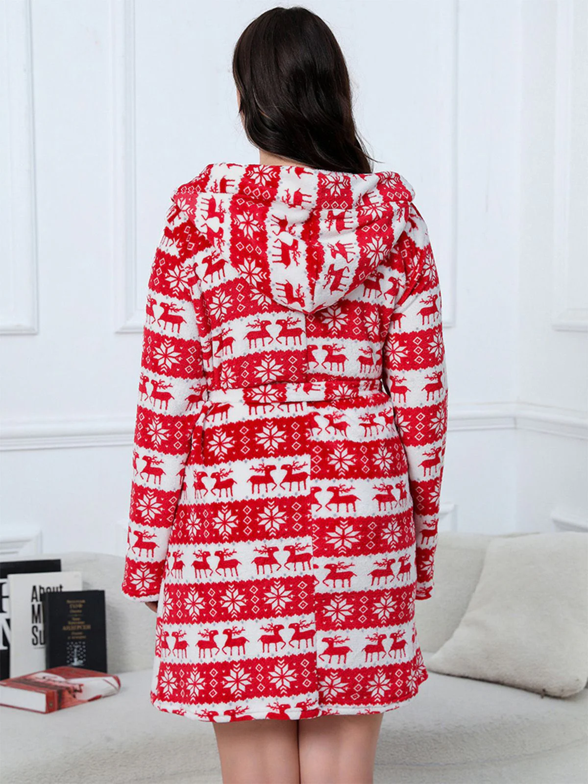 [Plus Size] 1950s Winter Print Plush Hooded Robe - Image 4