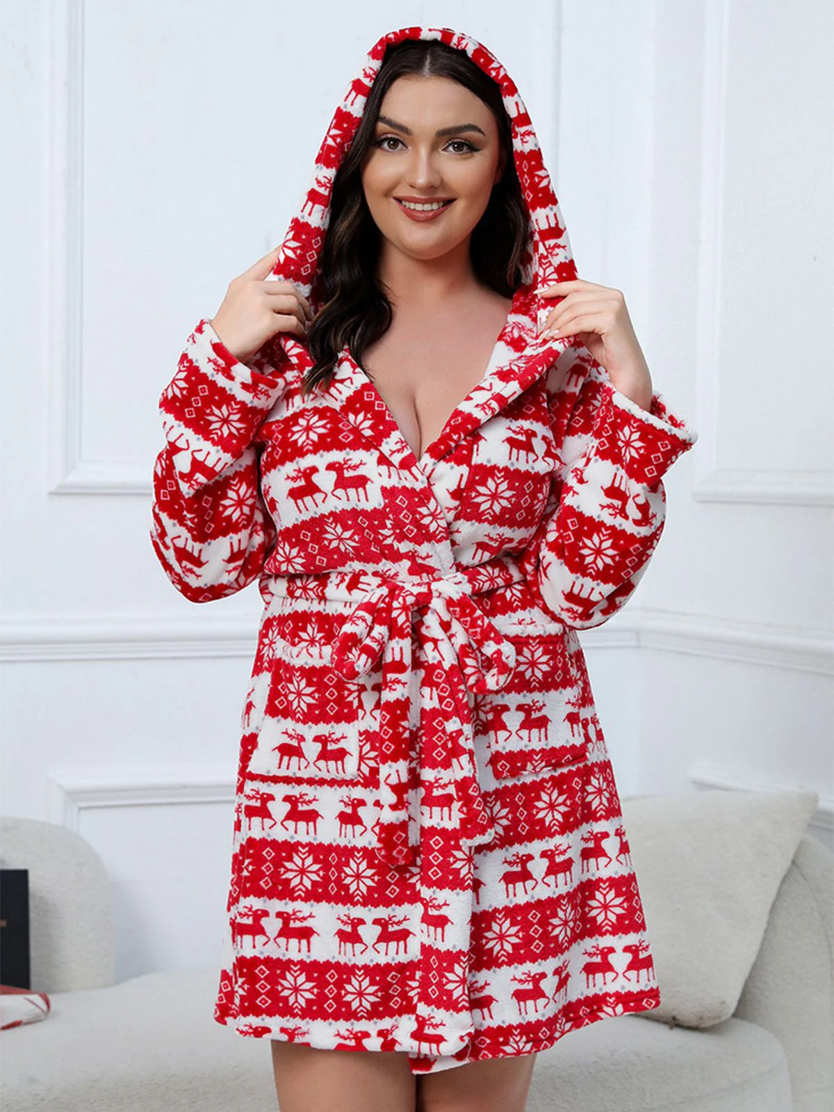 [Plus Size] 1950s Winter Print Plush Hooded Robe - Image 5