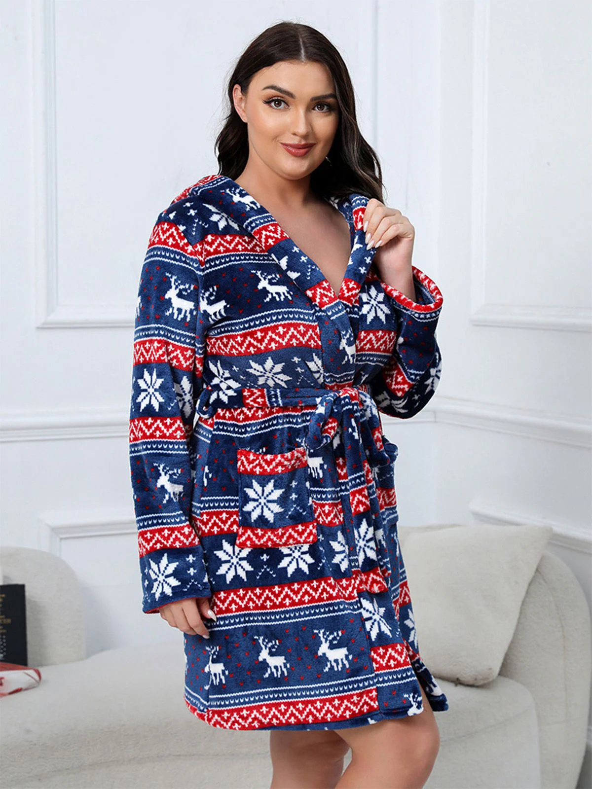 [Plus Size] 1950s Winter Print Plush Hooded Robe - Image 6