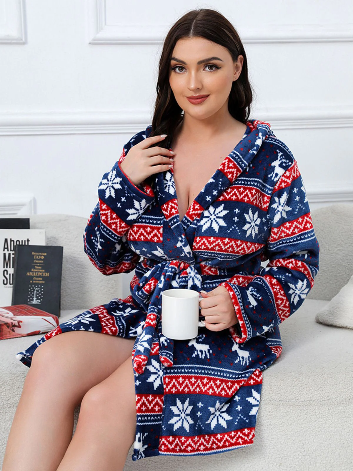 [Plus Size] 1950s Winter Print Plush Hooded Robe - Image 8