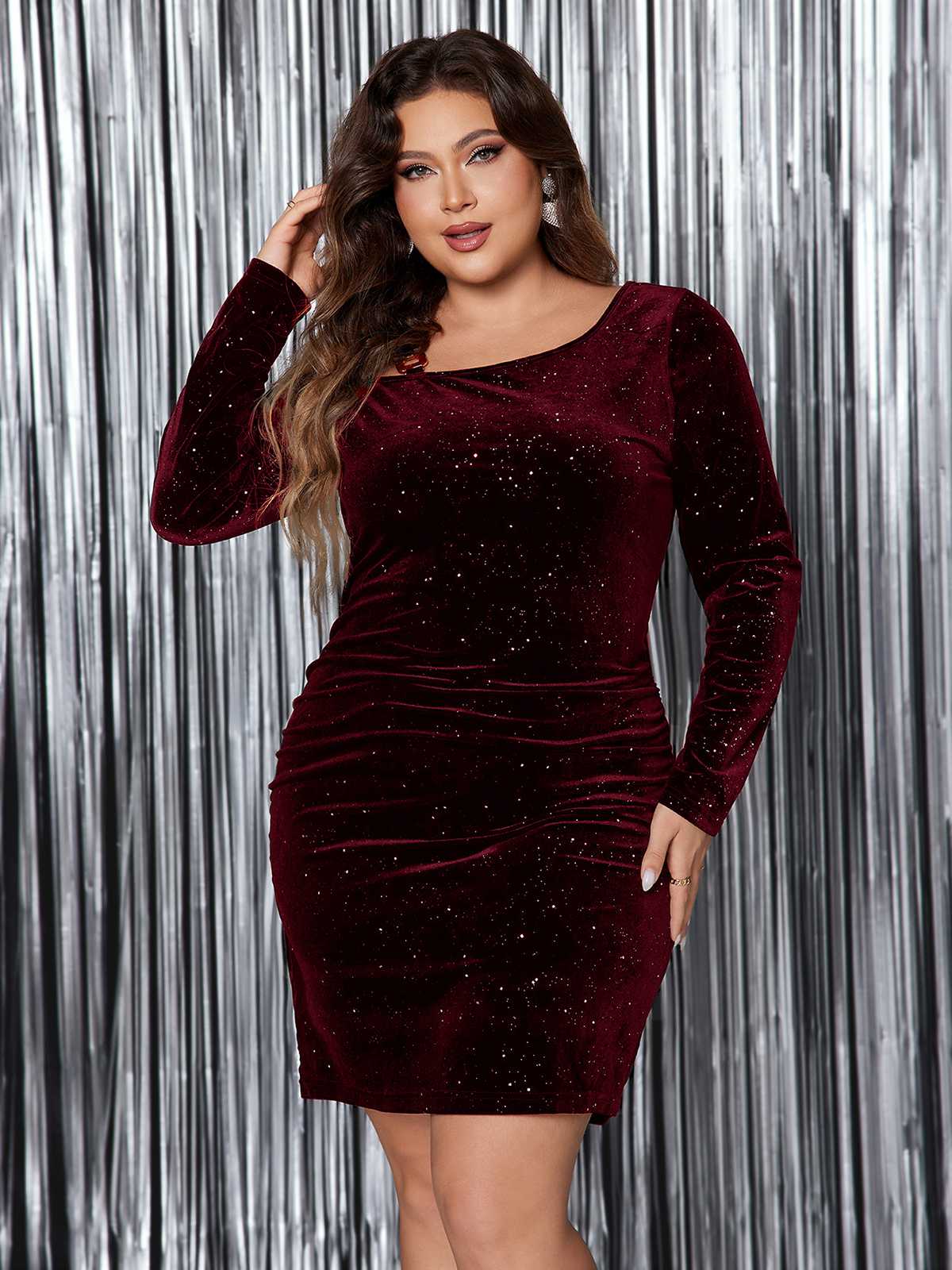 [Plus Size] 1960s Christmas Glitter Velvet Bodycon Dress - Image 10