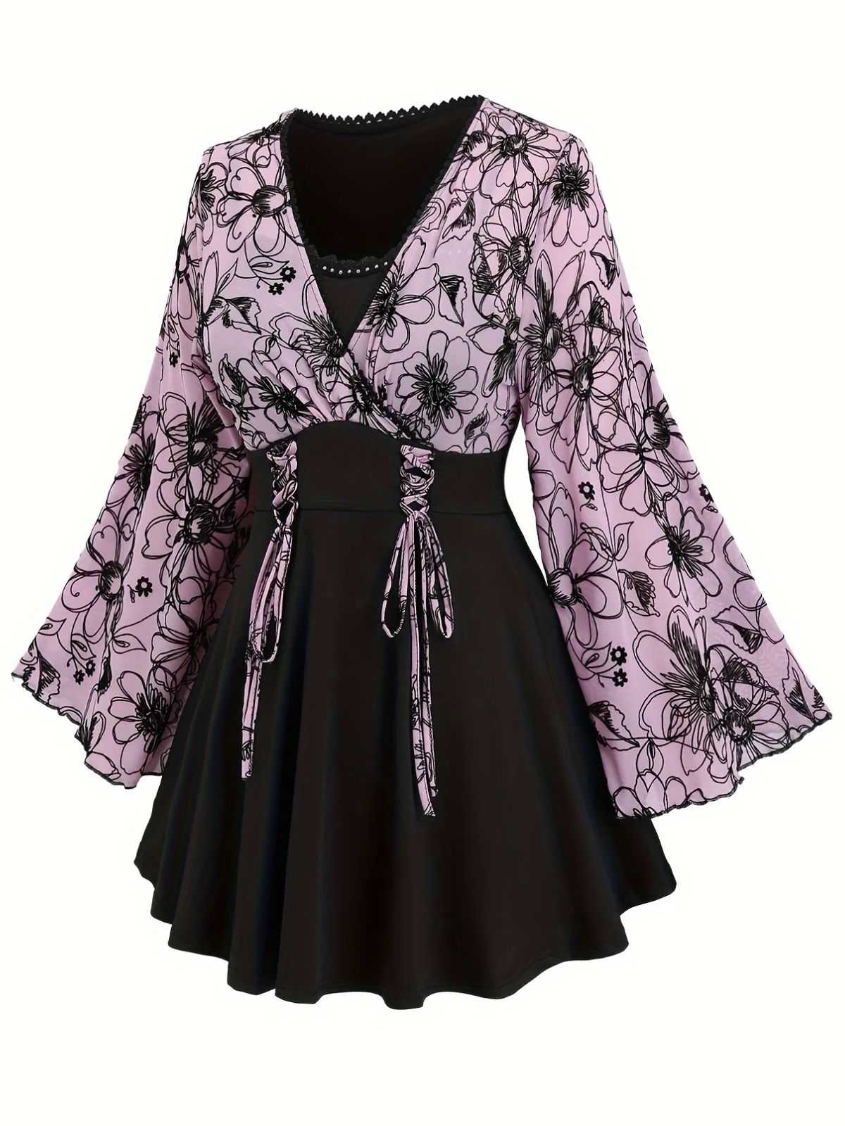 [Plus Size] 1960s Flared Sleeve Drawstring Floral Blouse - Image 2