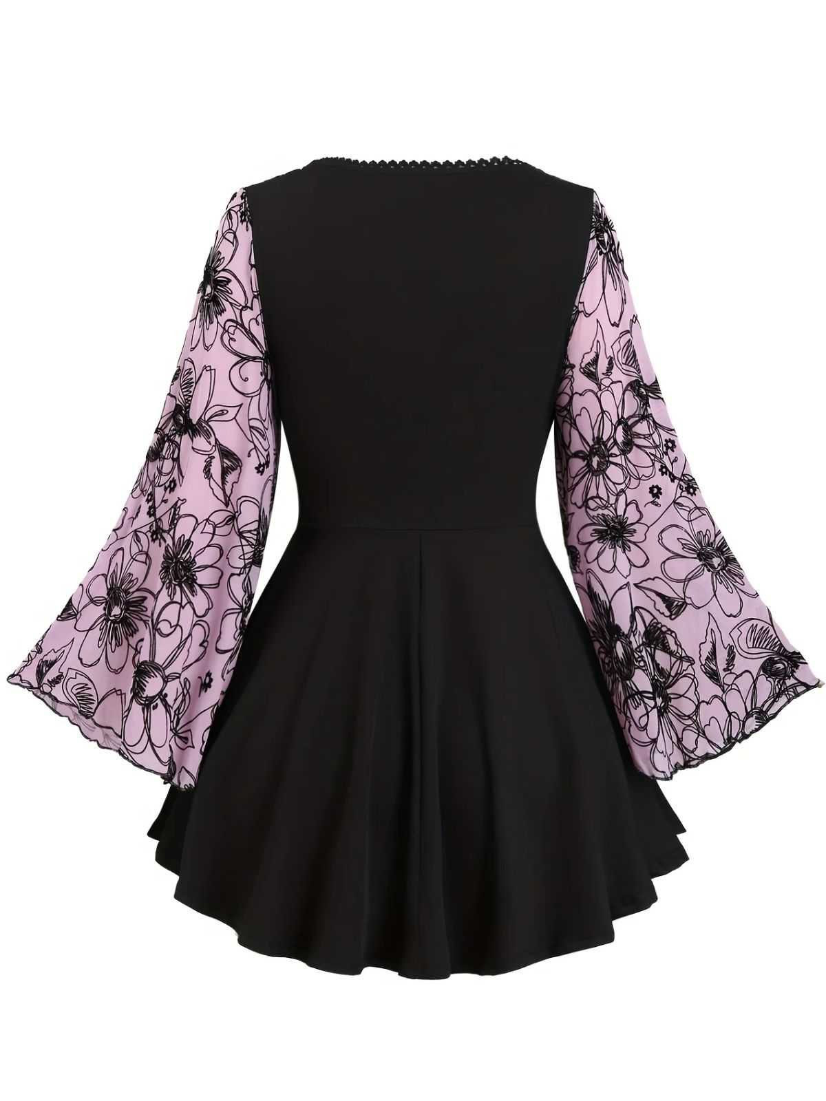 [Plus Size] 1960s Flared Sleeve Drawstring Floral Blouse - Image 3