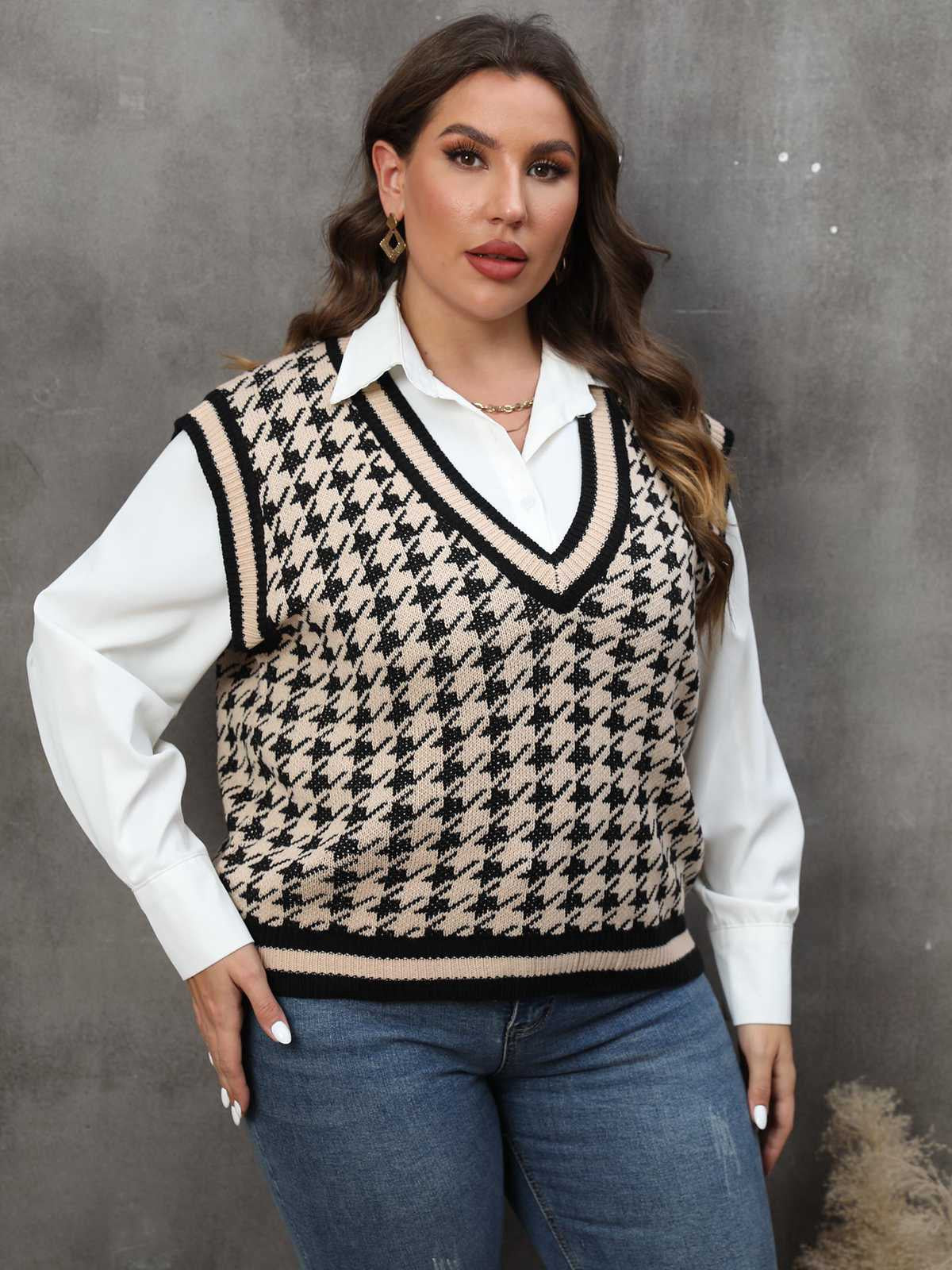 [Plus Size] 1960s Jacquard Contrasting Houndstooth Wool Vest - Image 2