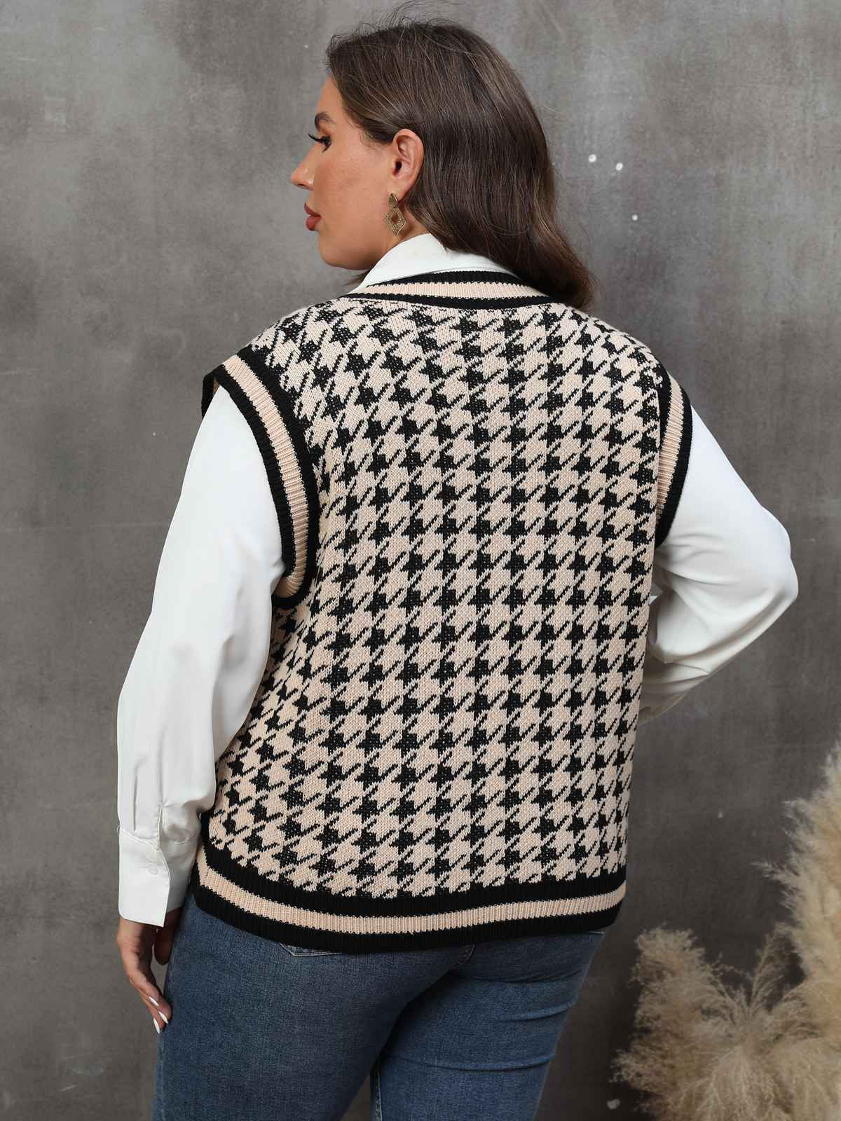 [Plus Size] 1960s Jacquard Contrasting Houndstooth Wool Vest - Image 3