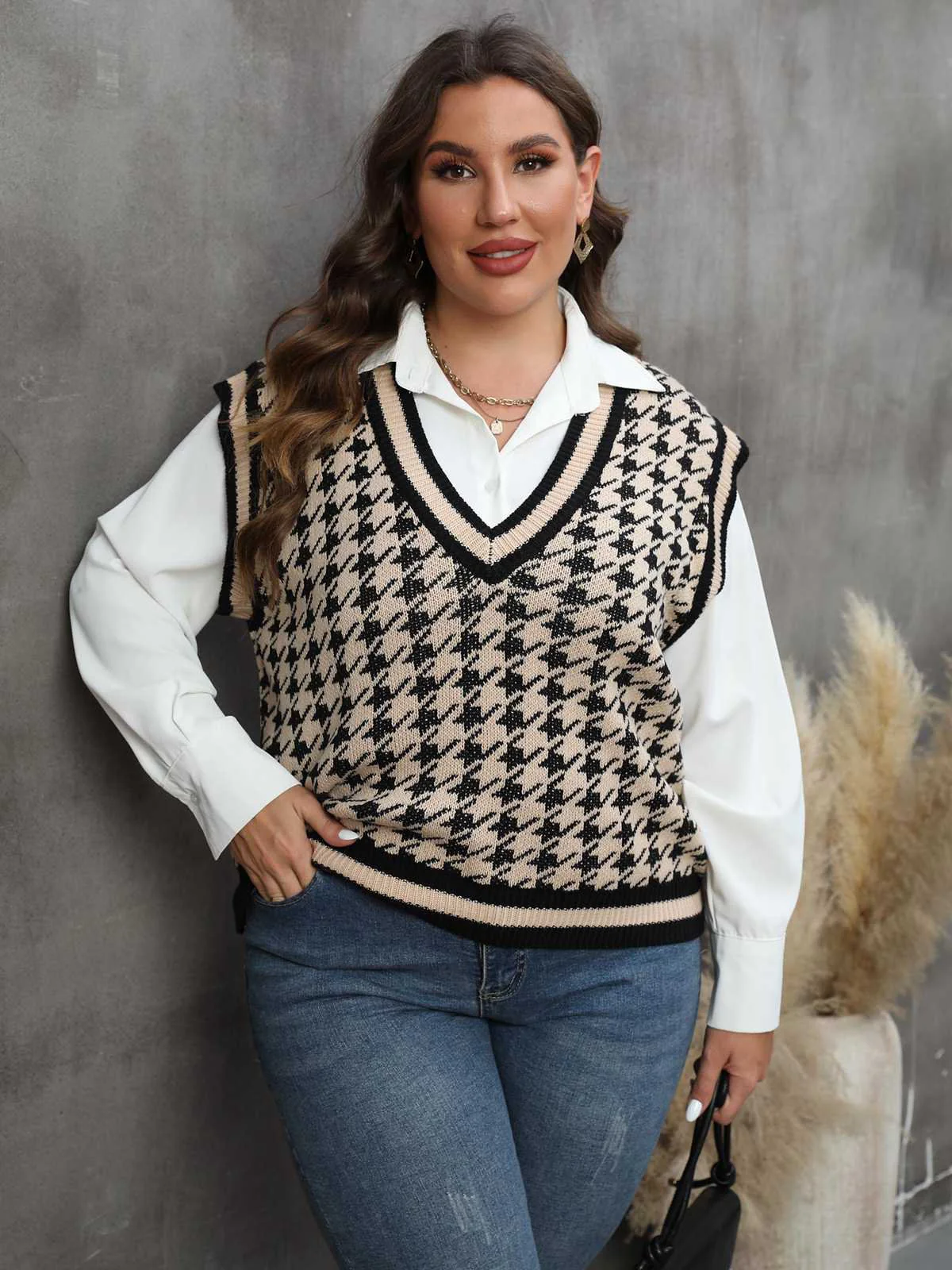 [Plus Size] 1960s Jacquard Contrasting Houndstooth Wool Vest - Image 4