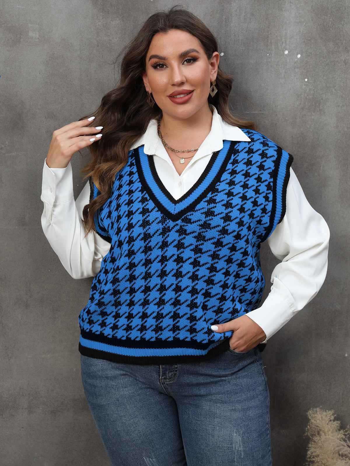 [Plus Size] 1960s Jacquard Contrasting Houndstooth Wool Vest - Image 5