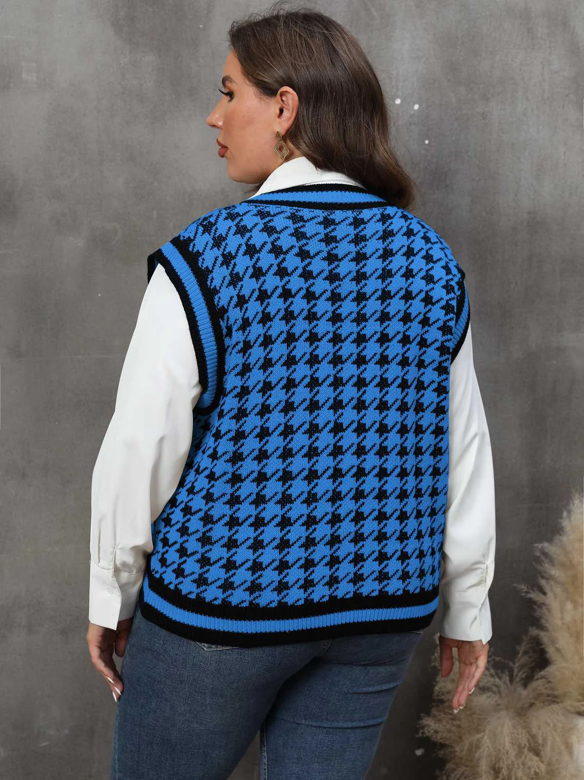 [Plus Size] 1960s Jacquard Contrasting Houndstooth Wool Vest - Image 7