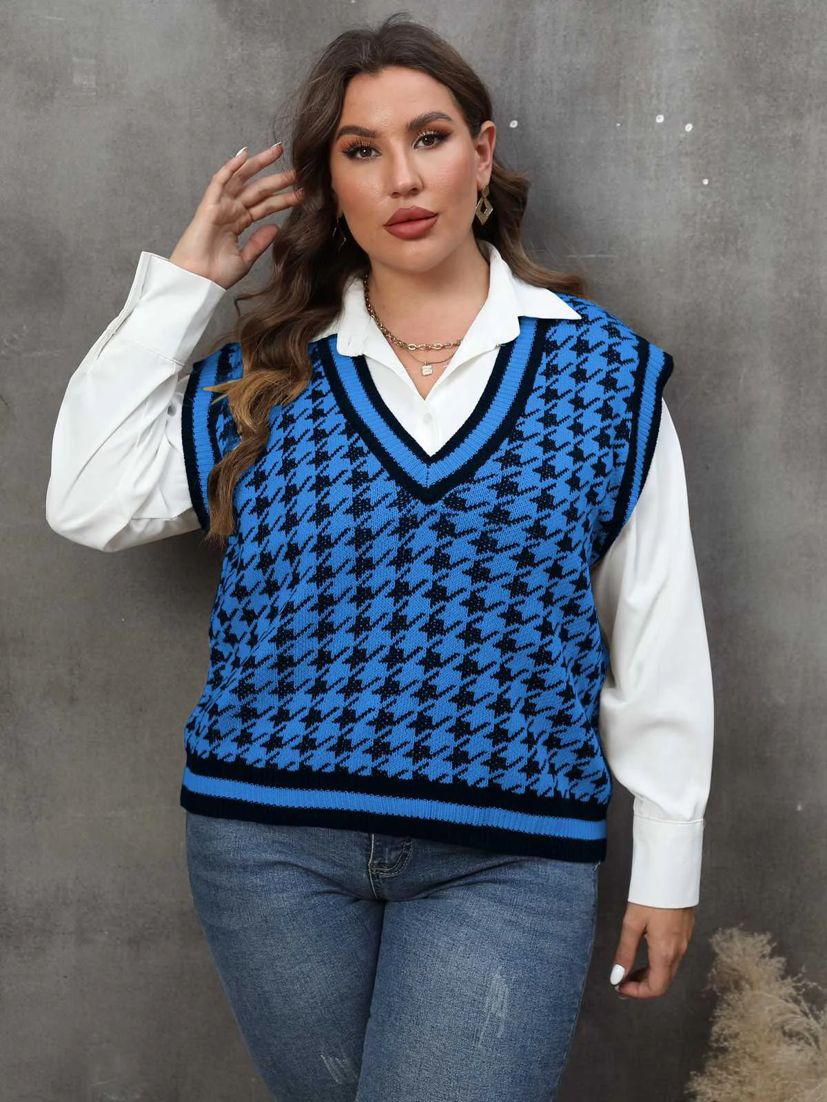 [Plus Size] 1960s Jacquard Contrasting Houndstooth Wool Vest - Image 8