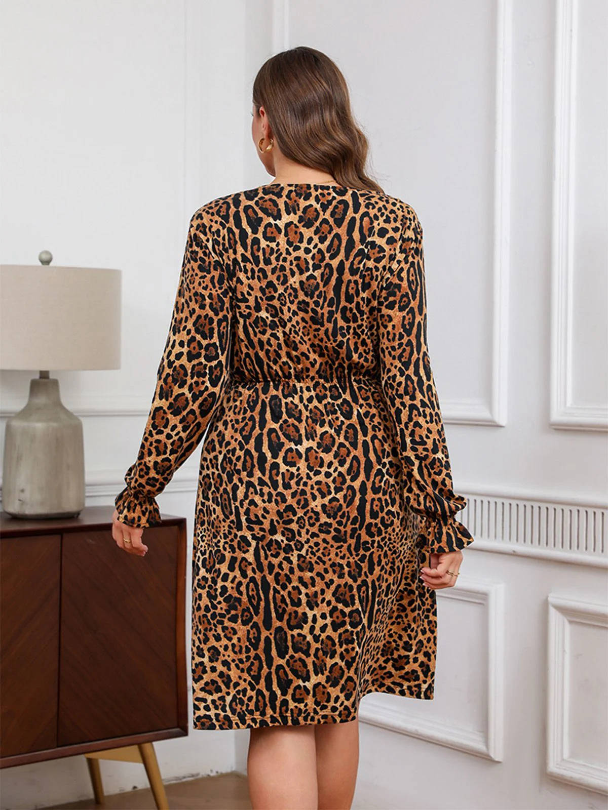 [Plus Size] 1960s Leopard V-Neck Long Sleeve Dress - Image 5
