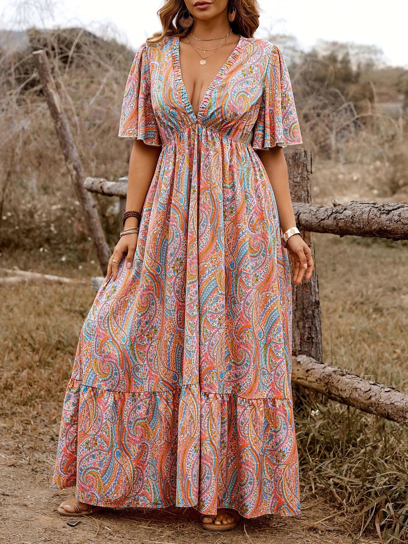 [Plus Size] 1970s Boho Paisley V-Neck Flutter Sleeve Maxi Dress - Image 2