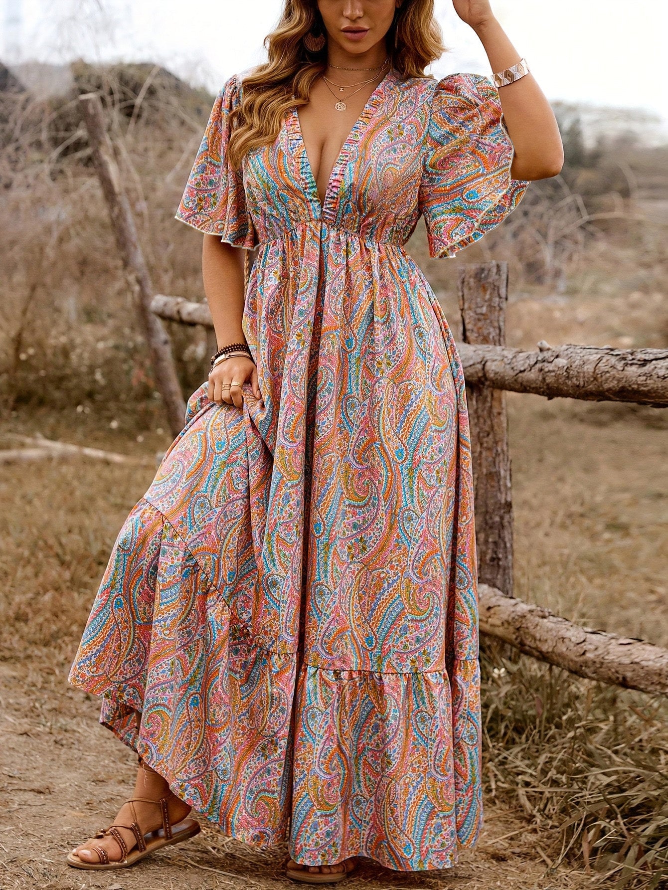 [Plus Size] 1970s Boho Paisley V-Neck Flutter Sleeve Maxi Dress - Image 4