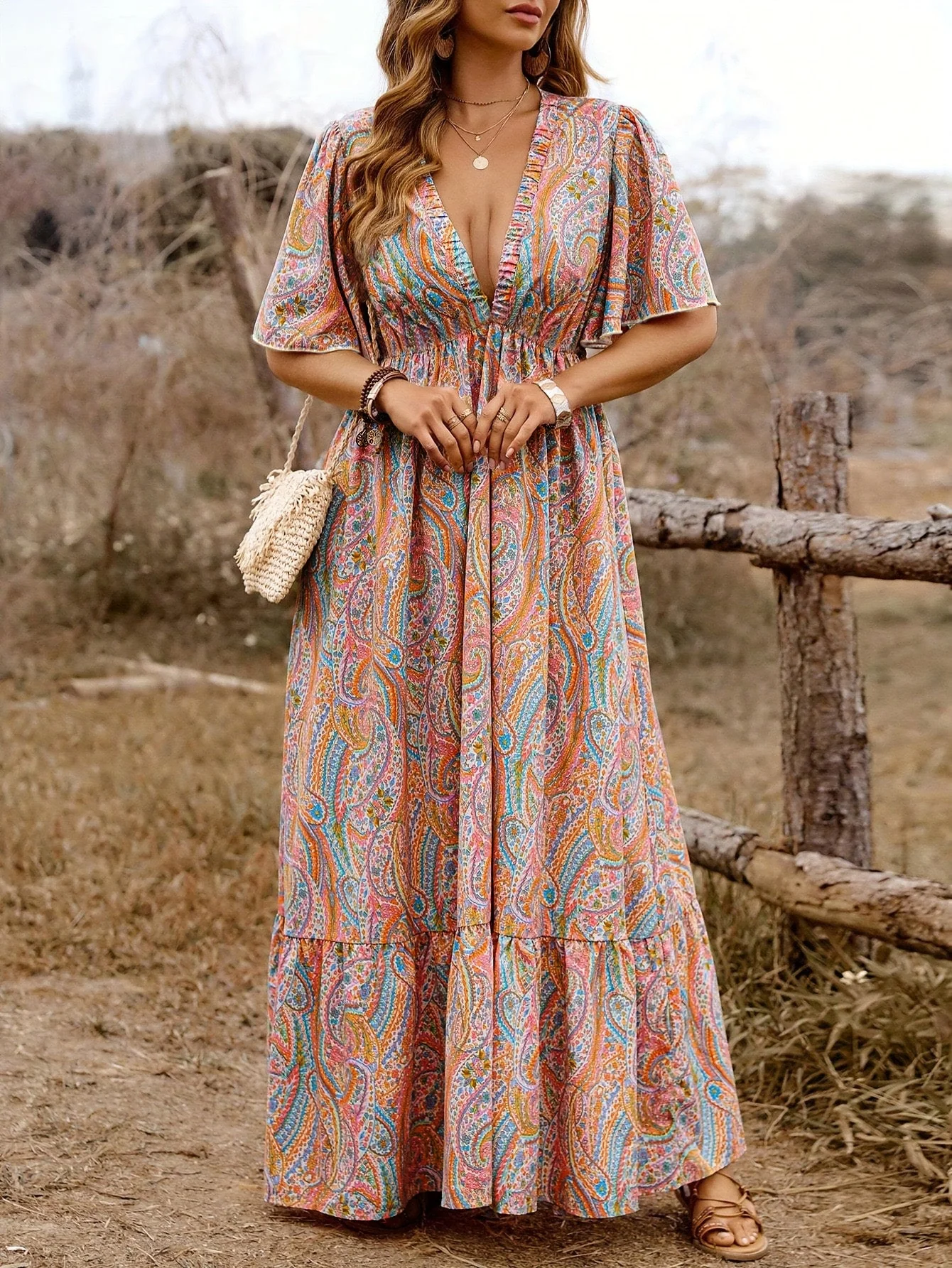 [Plus Size] 1970s Boho Paisley V-Neck Flutter Sleeve Maxi Dress - Image 5