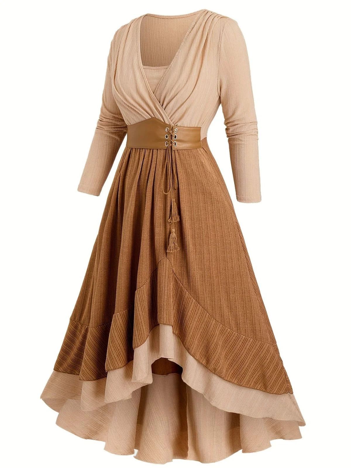 [Plus Size] 1970s Boho Tie Tassel Hem Ruffle Ribbed Dress - Image 2