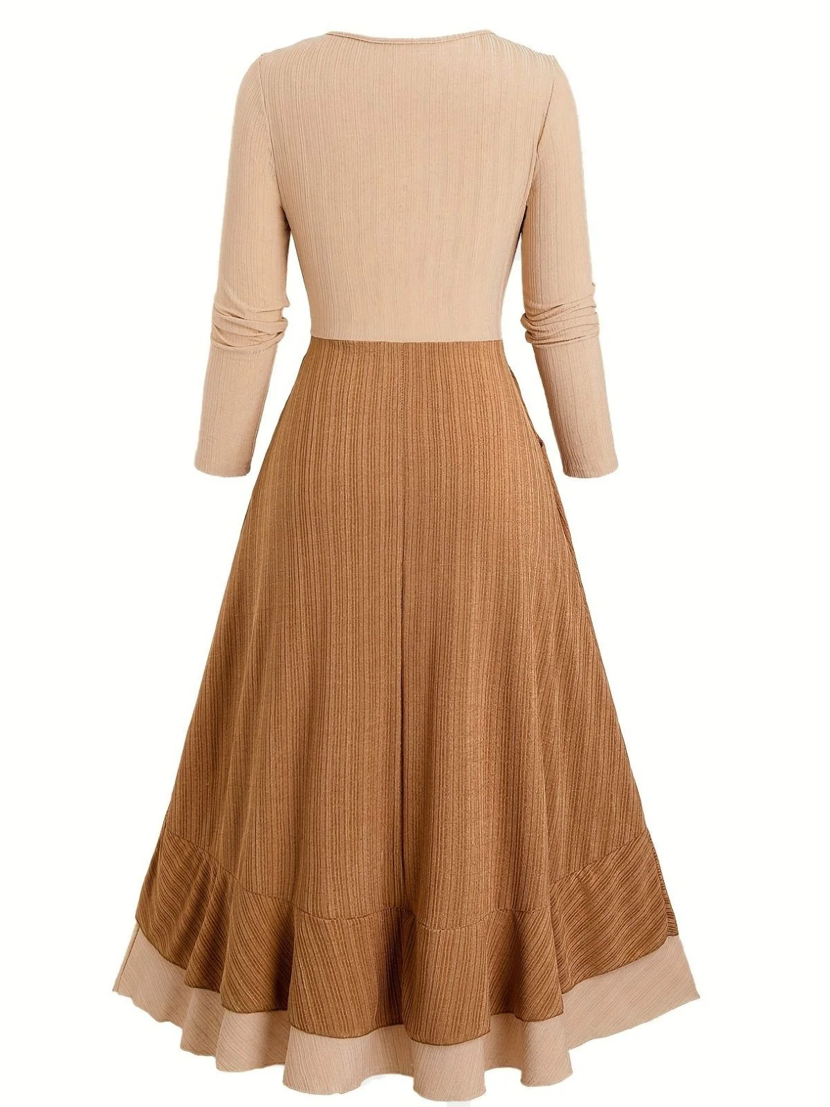 [Plus Size] 1970s Boho Tie Tassel Hem Ruffle Ribbed Dress - Image 3