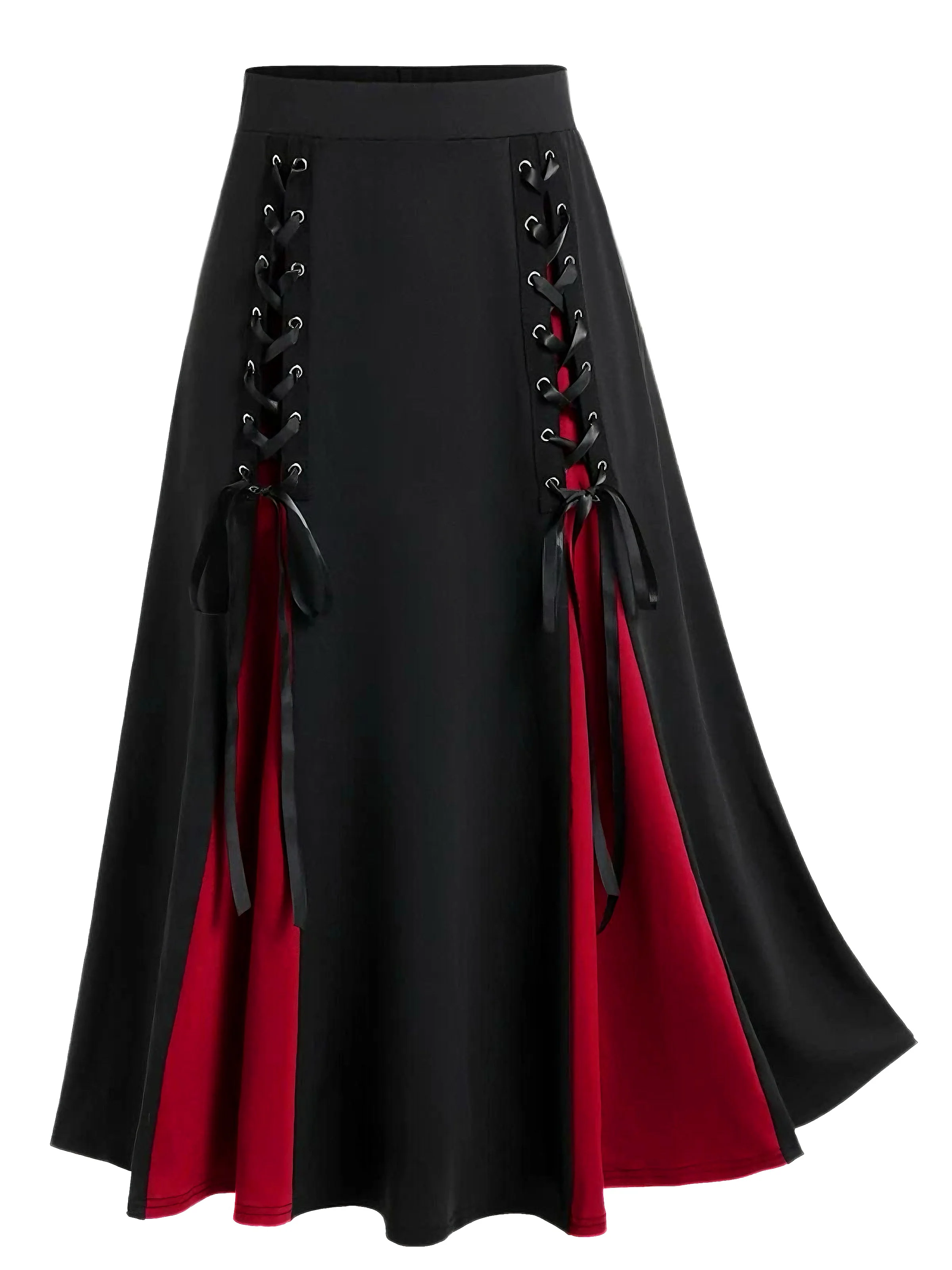 [Plus Size] 1970s Colorblock Lace-Up High-Waist Skirt - Image 3
