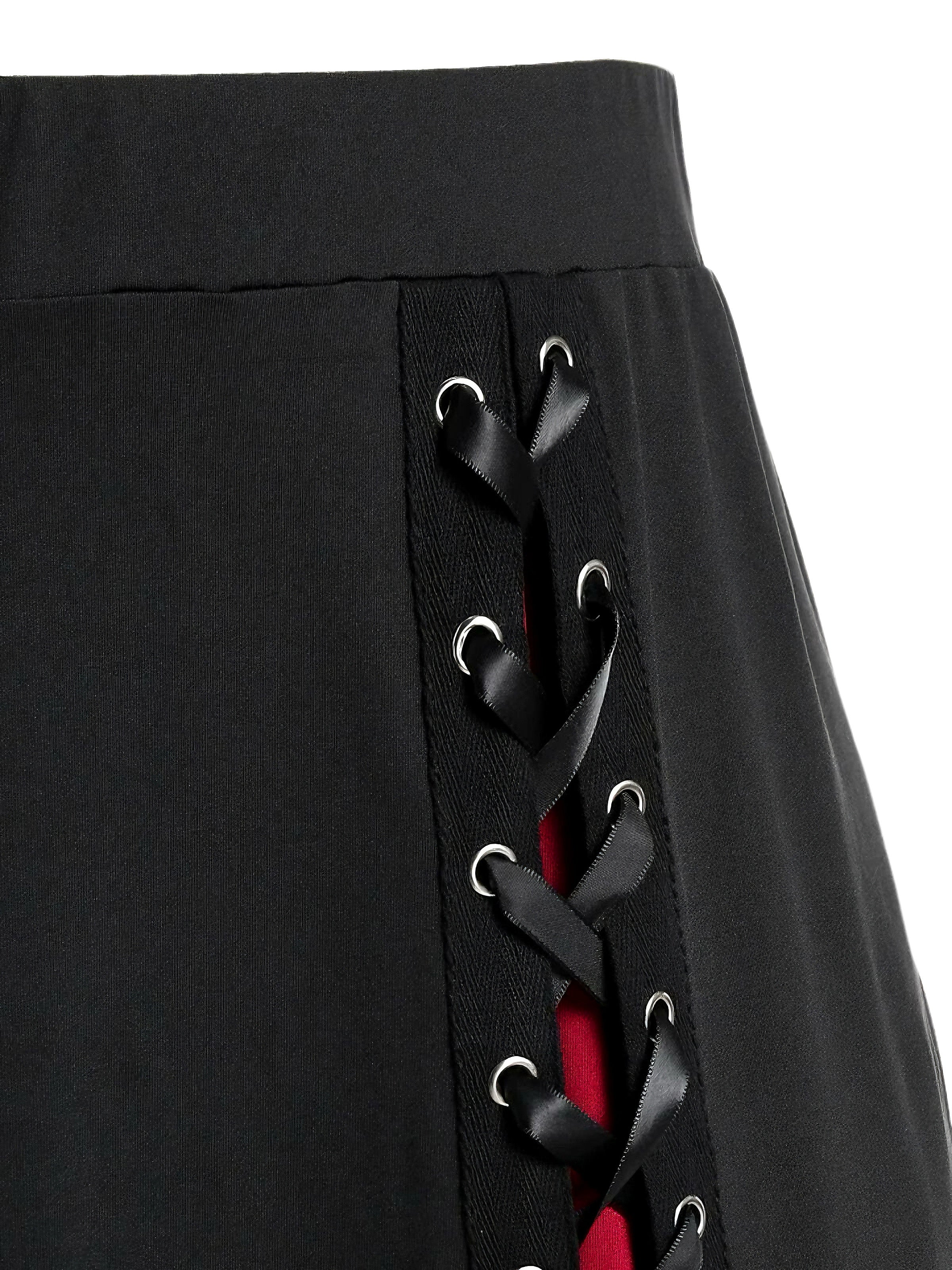 [Plus Size] 1970s Colorblock Lace-Up High-Waist Skirt - Image 5