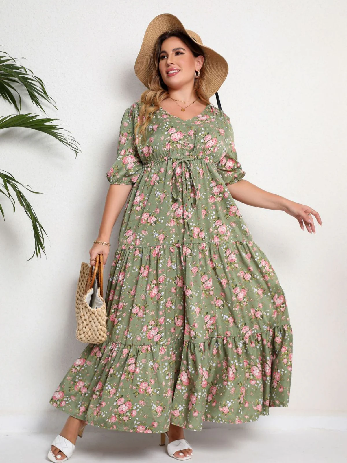 [Plus Size] 1970s Green Floral V-Neck Tiered Maxi Dress - Image 3