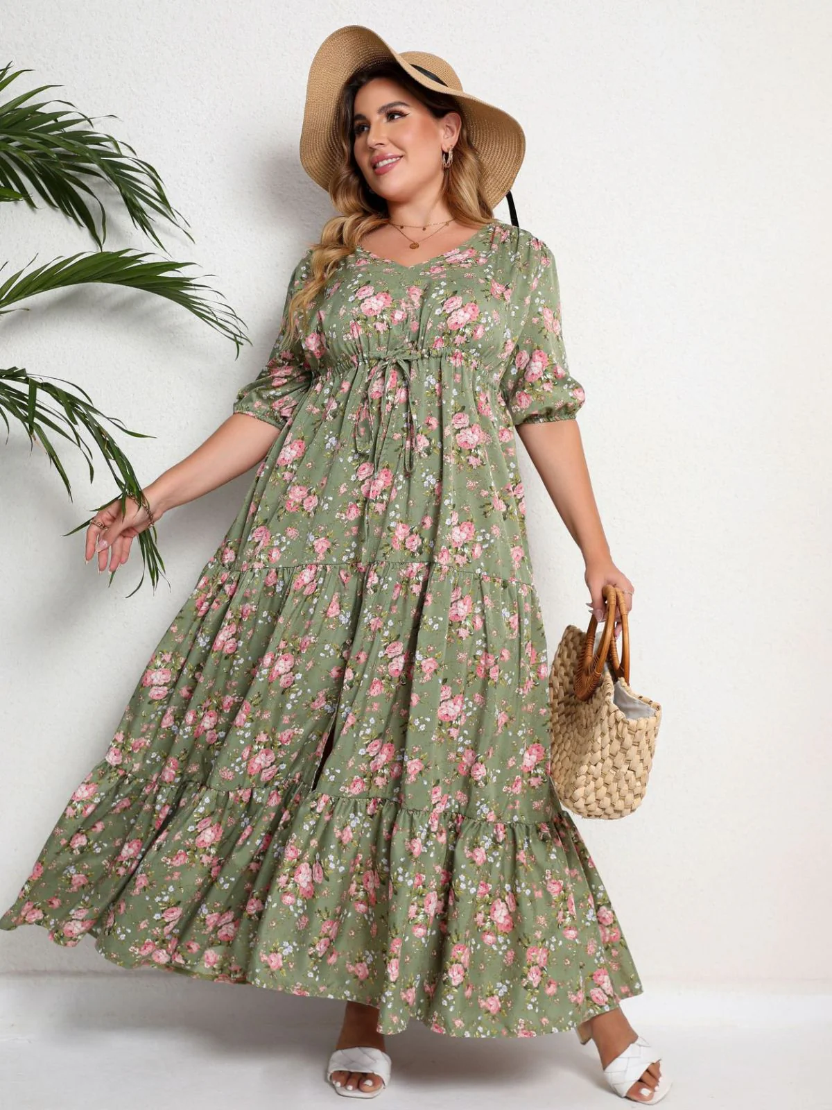 [Plus Size] 1970s Green Floral V-Neck Tiered Maxi Dress - Image 5