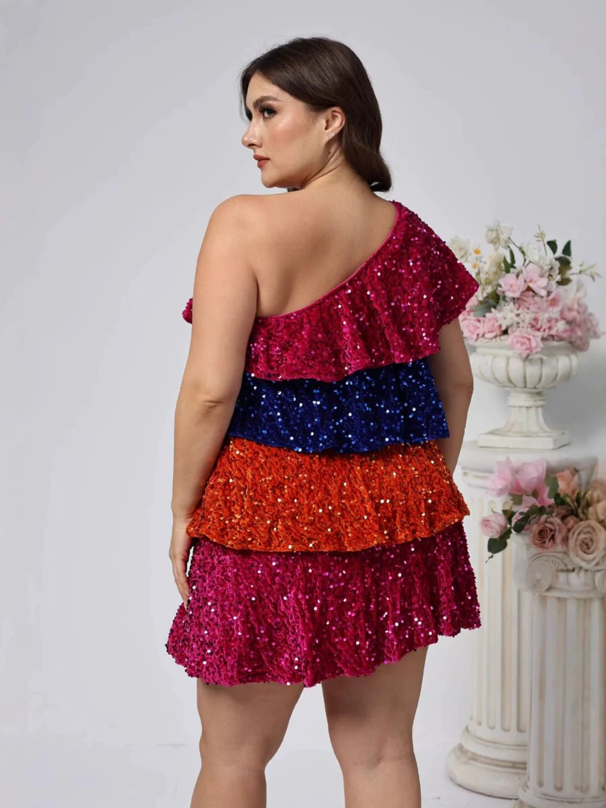 [Plus Size] 1970s One-Shoulder Sequin Tiered Dress - Image 2