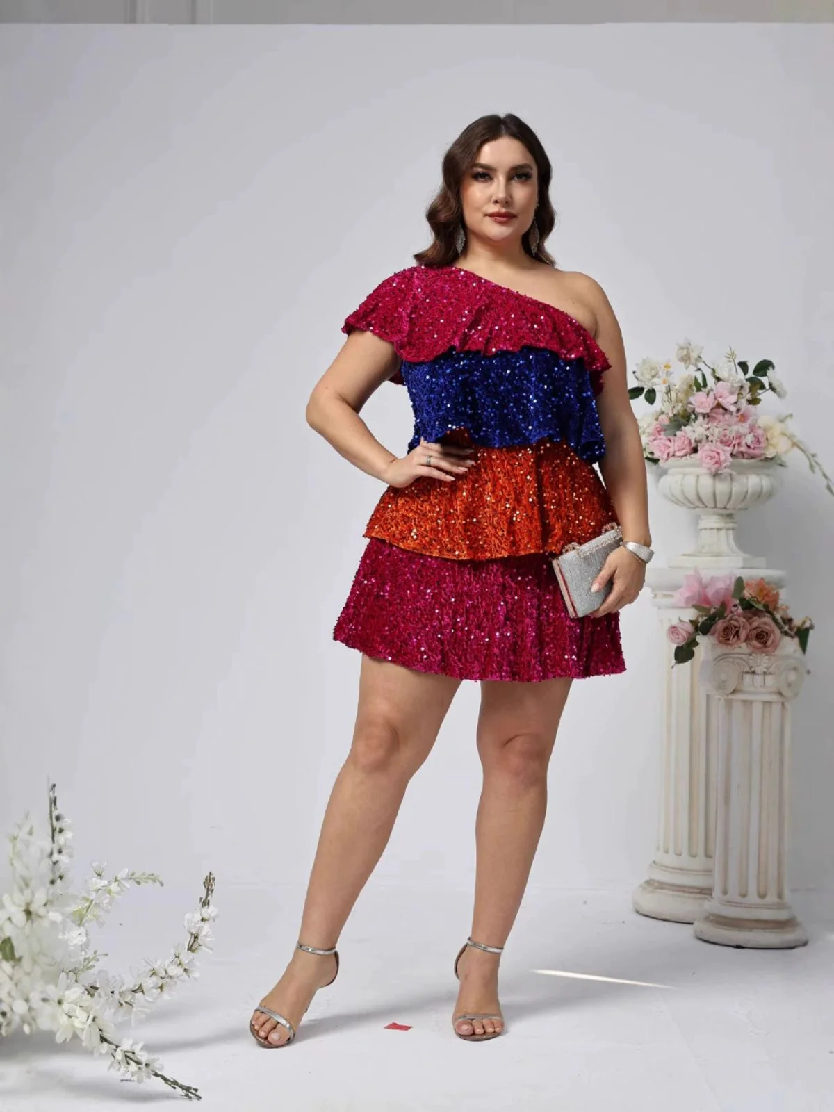[Plus Size] 1970s One-Shoulder Sequin Tiered Dress - Image 3