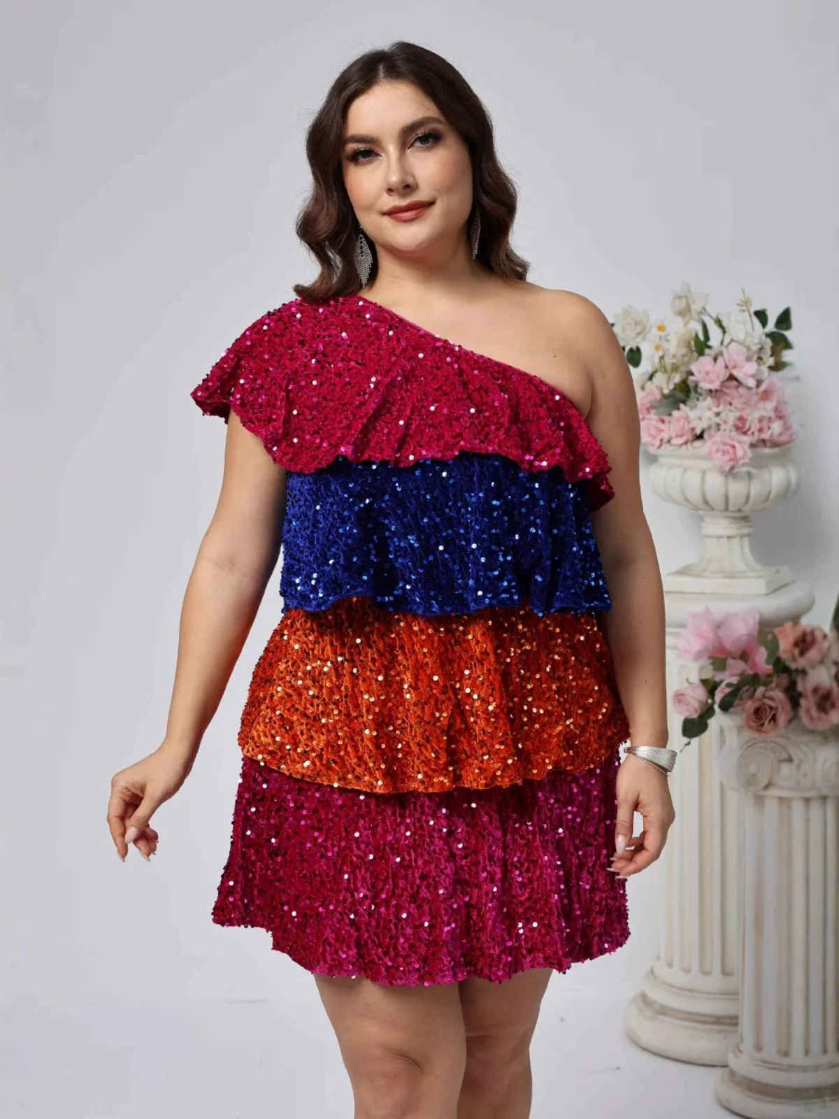 [Plus Size] 1970s One-Shoulder Sequin Tiered Dress - Image 4