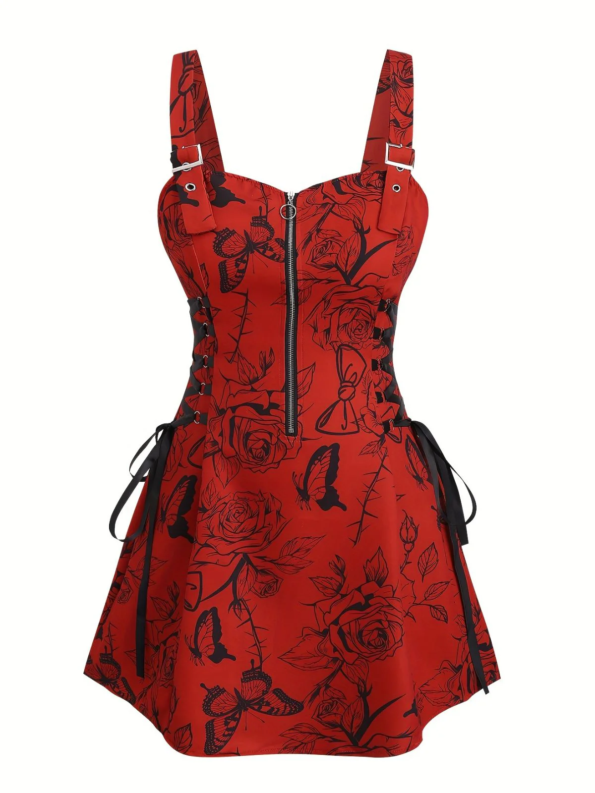 [Plus Size] 1970s Rose Floral Steampunk Zipper Dress - Image 7