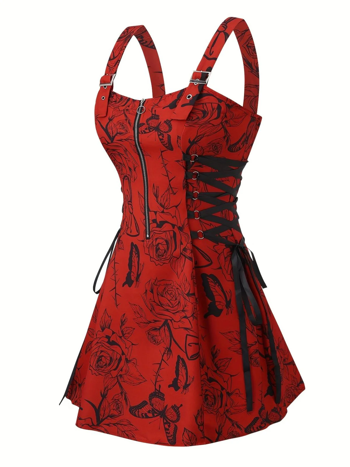 [Plus Size] 1970s Rose Floral Steampunk Zipper Dress - Image 8