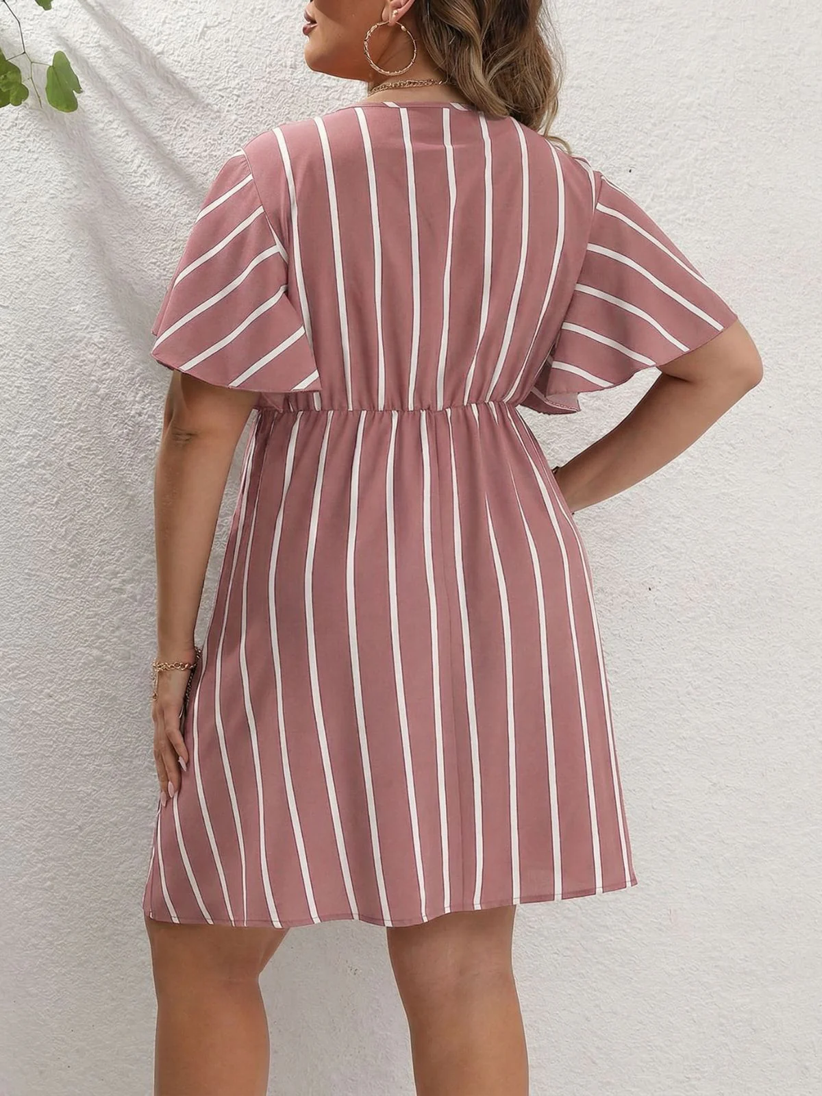 [Plus Size] 1970s Wrap V-Neck Striped Flutter Sleeve Dress - Image 2