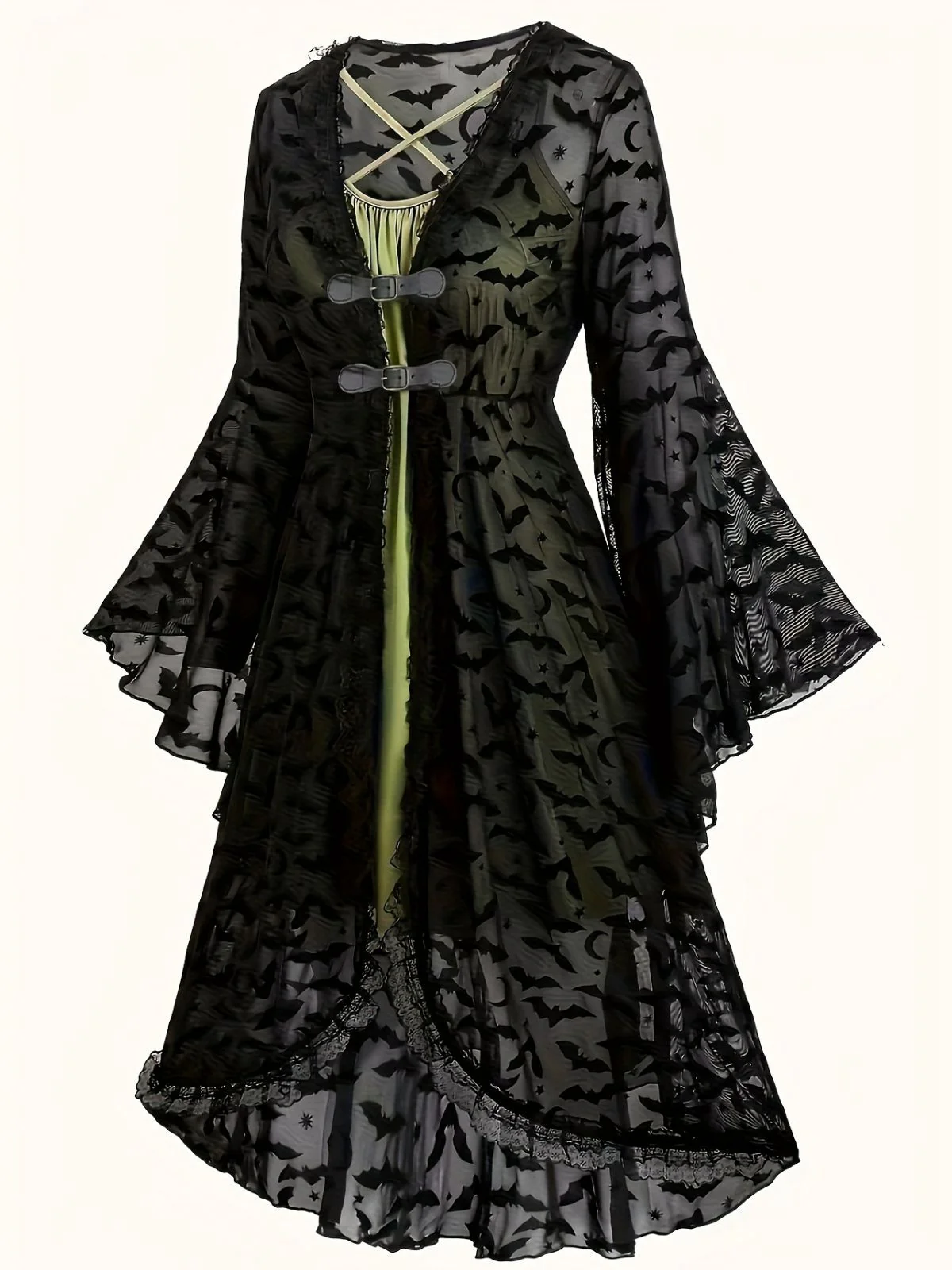 [Plus Size] 2PCS Black 1940s Bat Mesh Outwear & Green Dress - Image 2