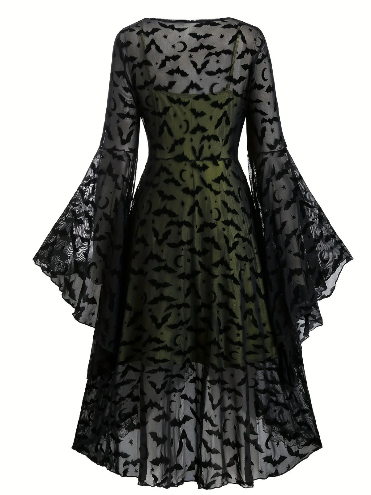 [Plus Size] 2PCS Black 1940s Bat Mesh Outwear & Green Dress - Image 3