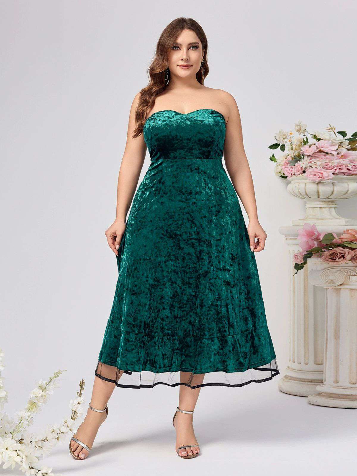 [Plus Size] 2PCS Green 1940s Velvet Sweetheart Mesh Dress & Coat - Image 2