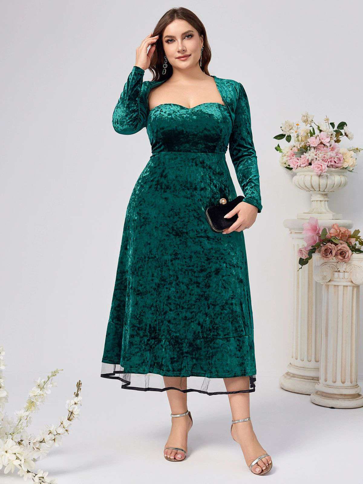 [Plus Size] 2PCS Green 1940s Velvet Sweetheart Mesh Dress & Coat - Image 3
