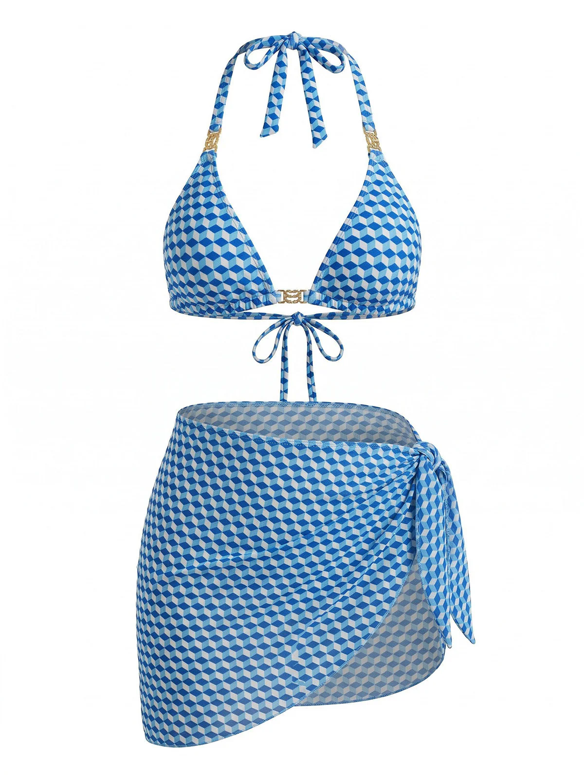 [Plus Size] 3PCS Blue 1970s Halter Geometric 3D-Cube Bikini Set & Cover Up - Image 2