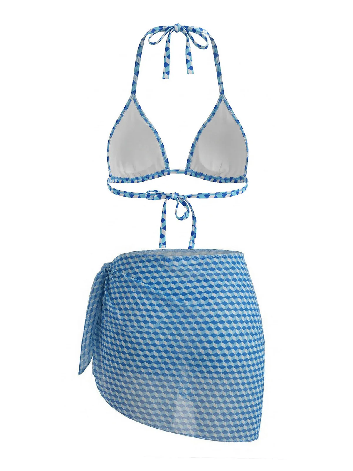[Plus Size] 3PCS Blue 1970s Halter Geometric 3D-Cube Bikini Set & Cover Up - Image 3