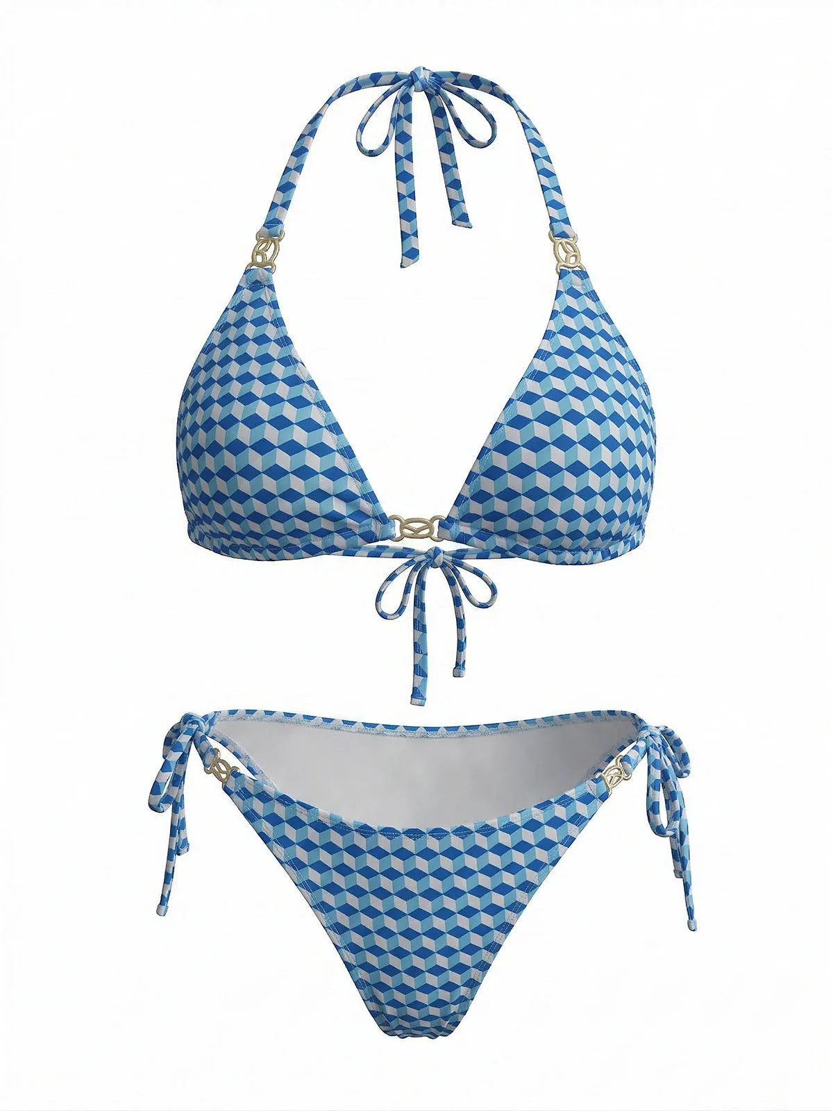 [Plus Size] 3PCS Blue 1970s Halter Geometric 3D-Cube Bikini Set & Cover Up - Image 4