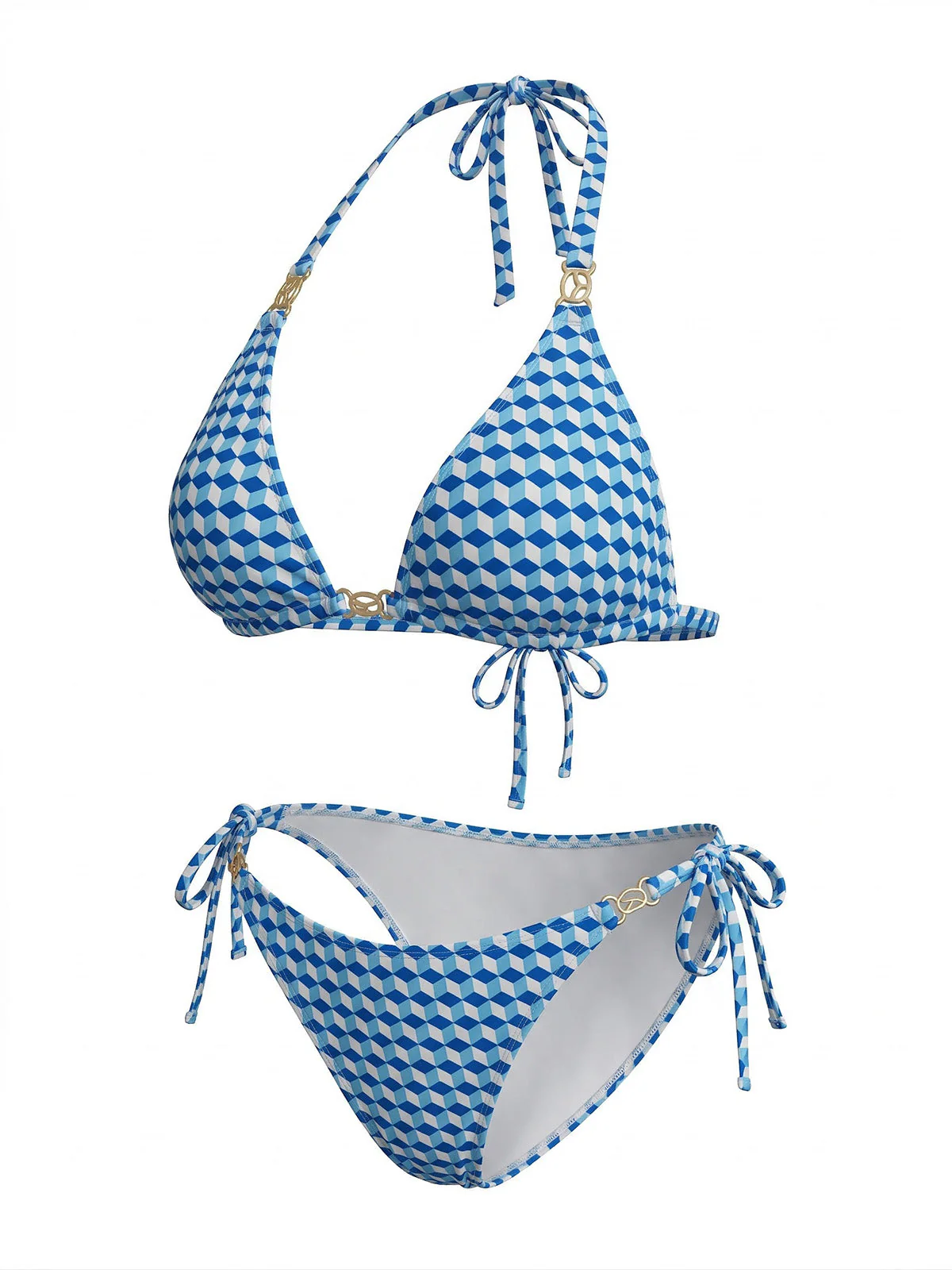 [Plus Size] 3PCS Blue 1970s Halter Geometric 3D-Cube Bikini Set & Cover Up - Image 5