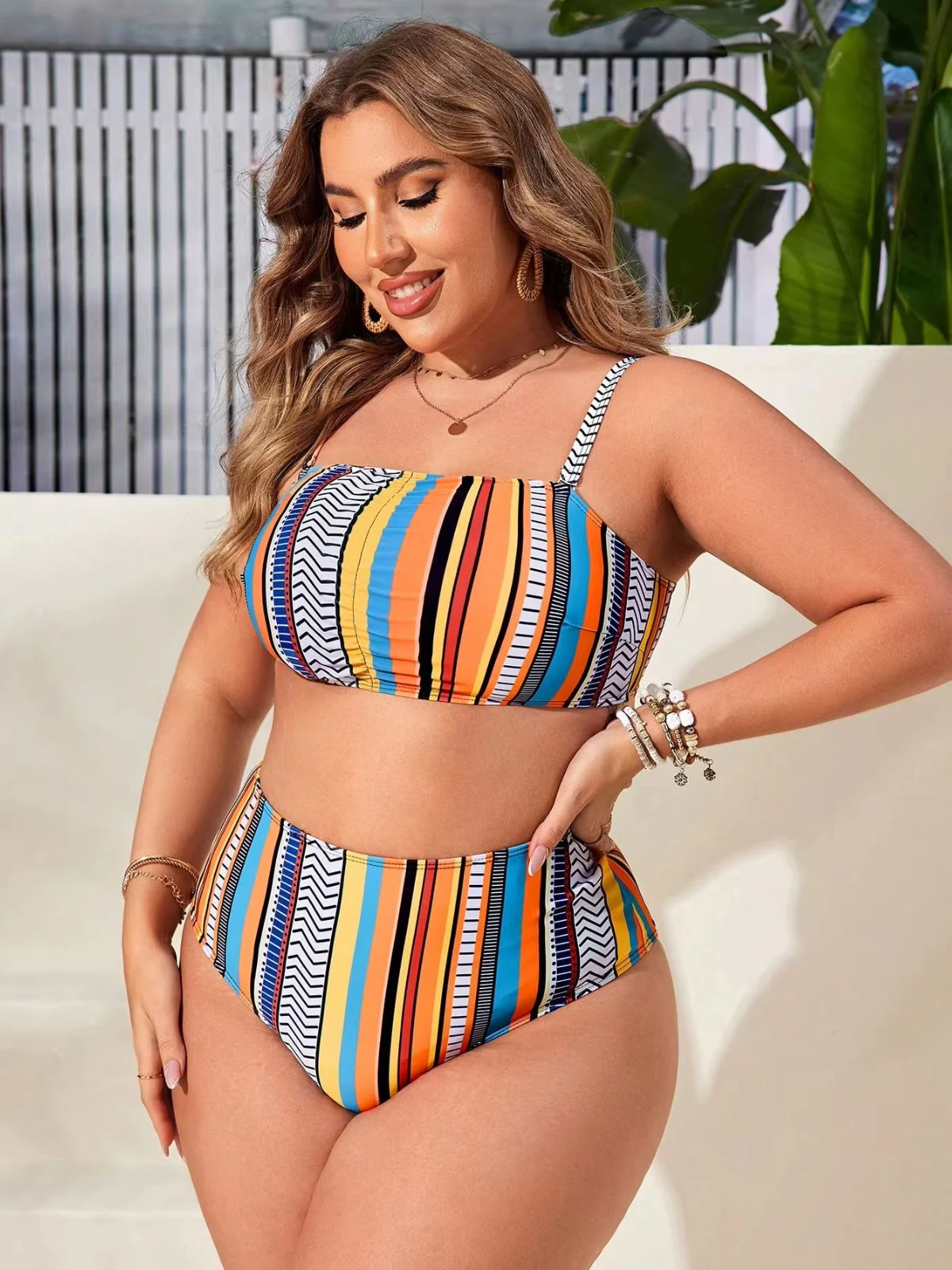[Plus Size] 4PCS 1970s Striped Bikini Set & Cover-Up - Image 5