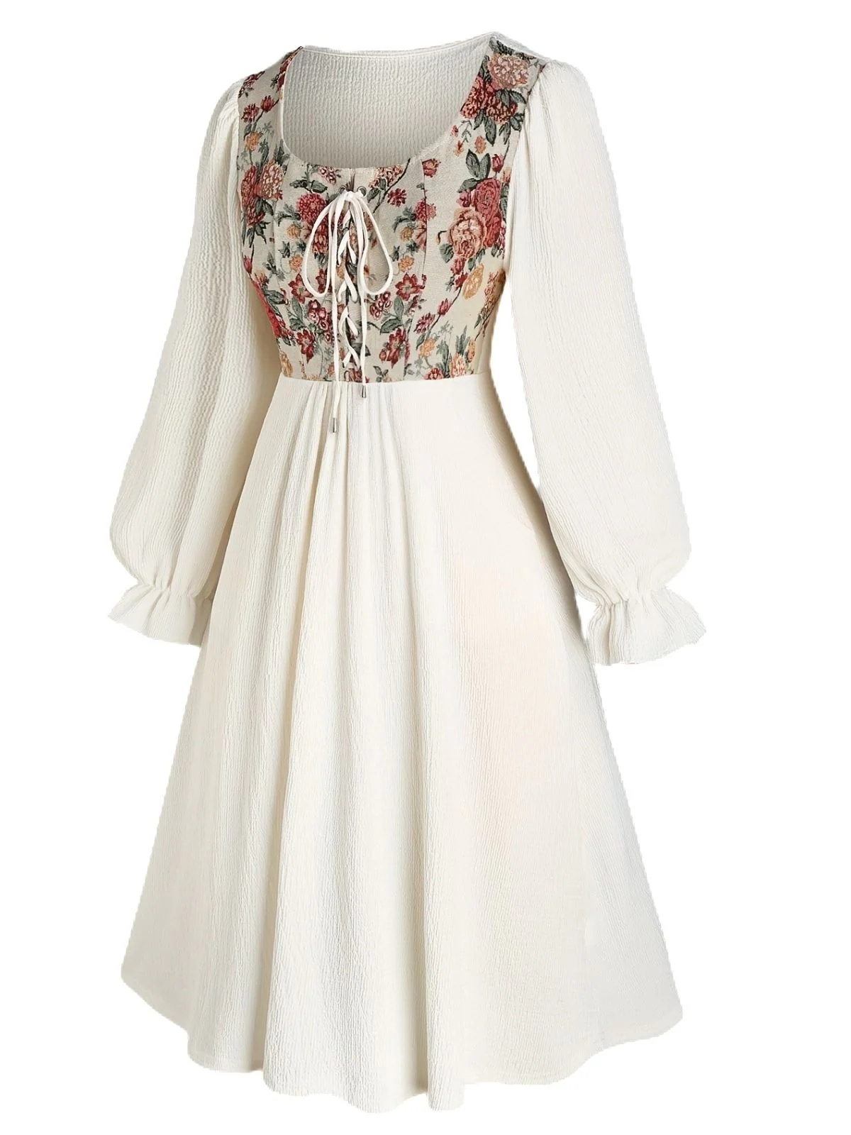 [Plus Size] Beige 1940s Floral Ruffle Sleeve Patchwork Dress - Image 2