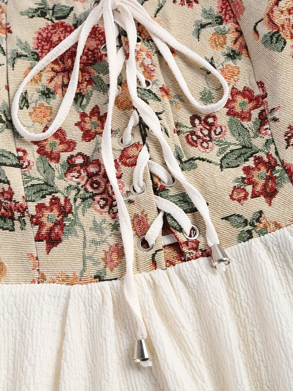 [Plus Size] Beige 1940s Floral Ruffle Sleeve Patchwork Dress - Image 5