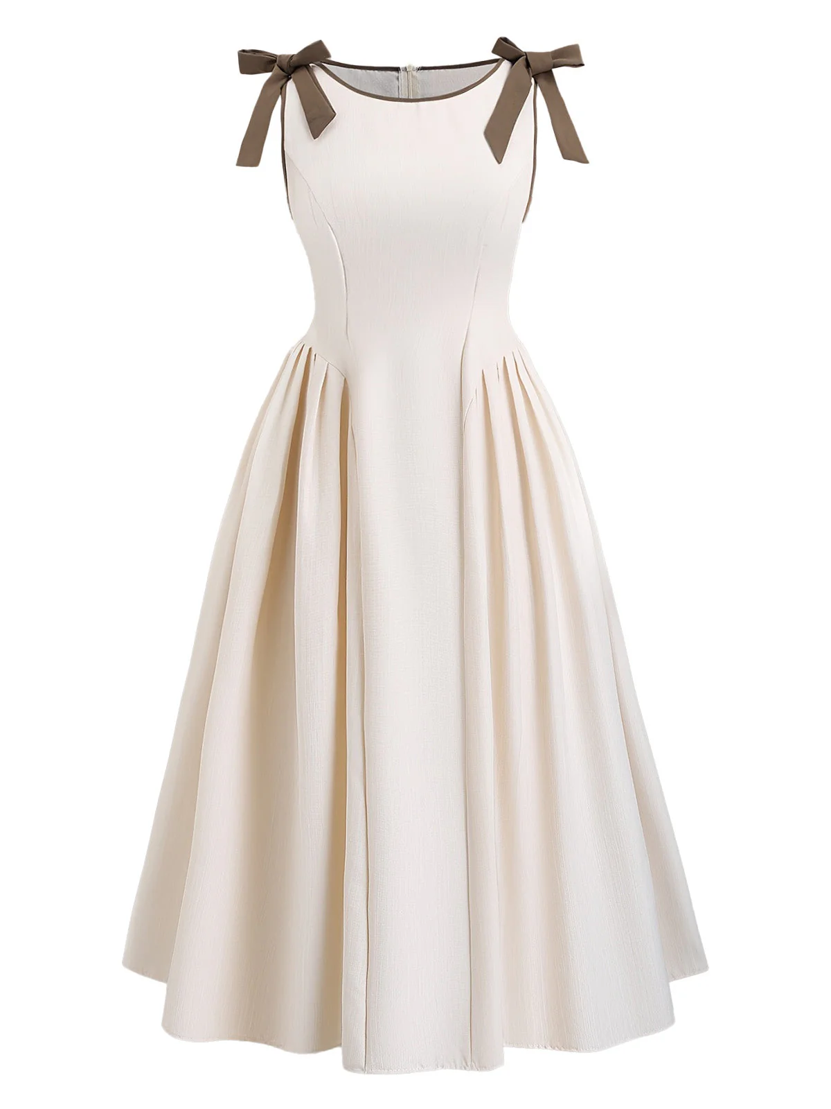 [Plus Size] Beige 1940s Solid Lace-Up Sleeveless Dress - Image 2
