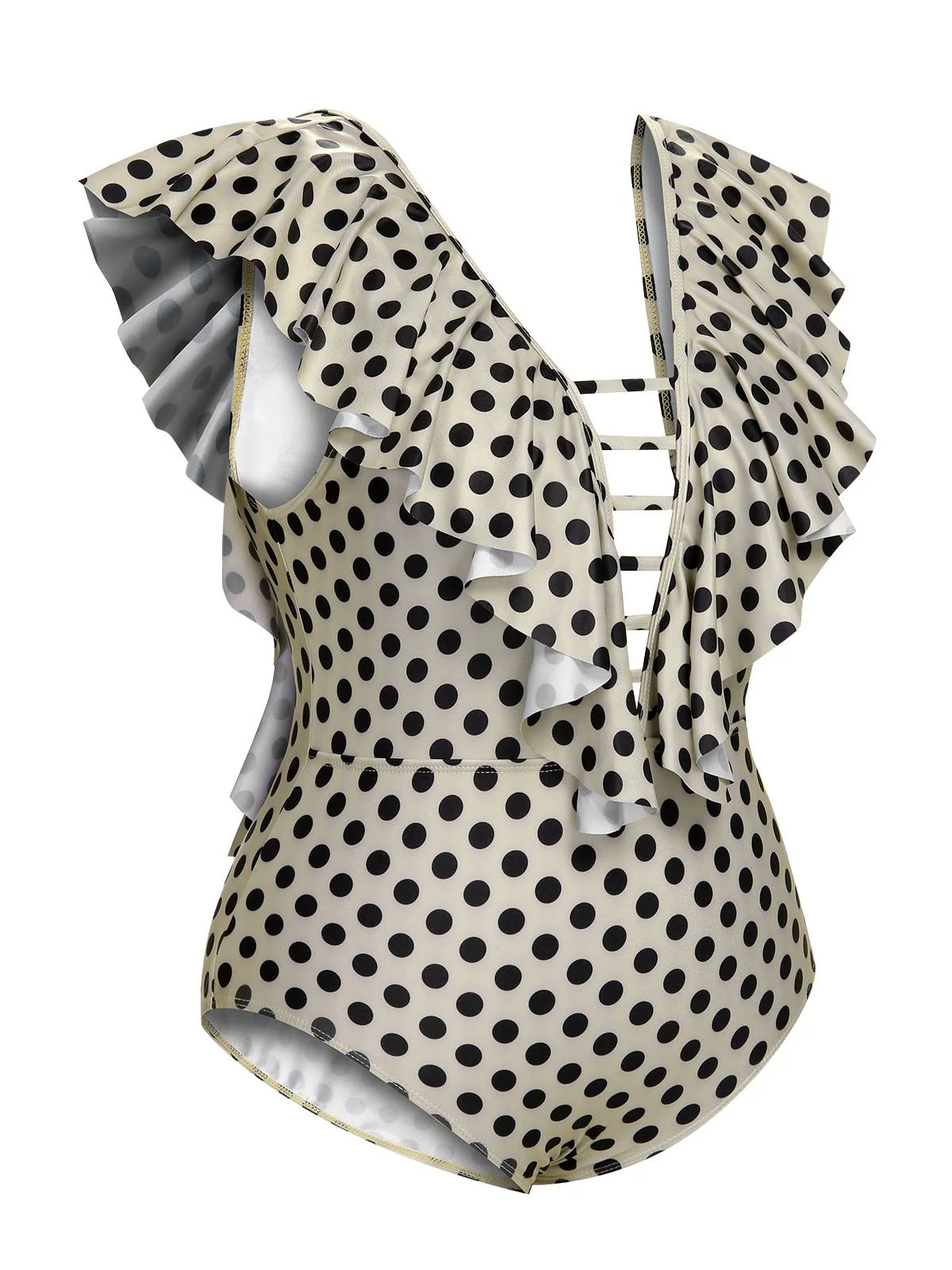 [Plus Size] Beige 1960s Polka Dot Ruffles One-Piece Swimsuit - Image 3