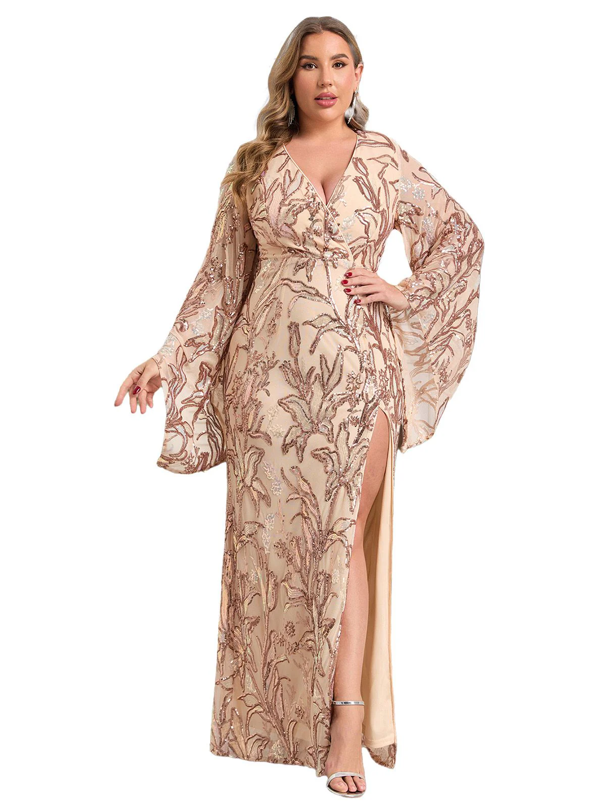 [Plus Size] Beige 1980s Floral Sequin Maxi Slit Dress - Image 2