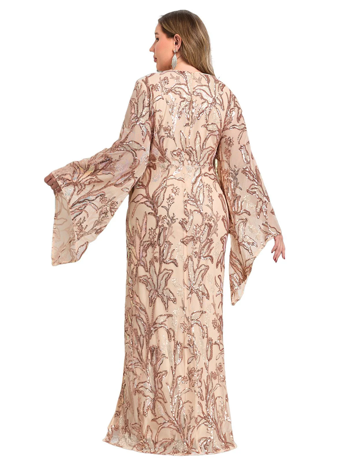 [Plus Size] Beige 1980s Floral Sequin Maxi Slit Dress - Image 4